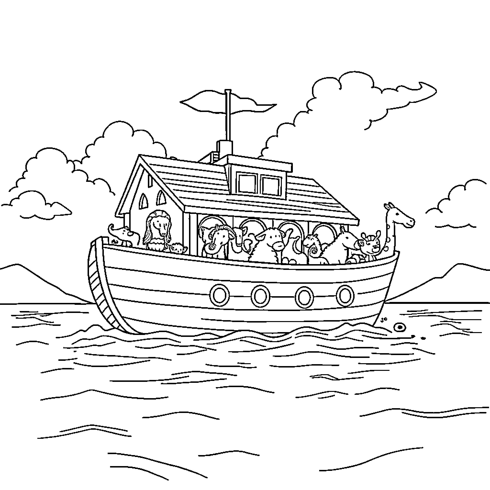 Noah's Ark sailing with animals aboard Coloring Page (free black-and-white line drawing printable PDF for all, from beginners to advanced learners, including children, teens, adults, and seniors)