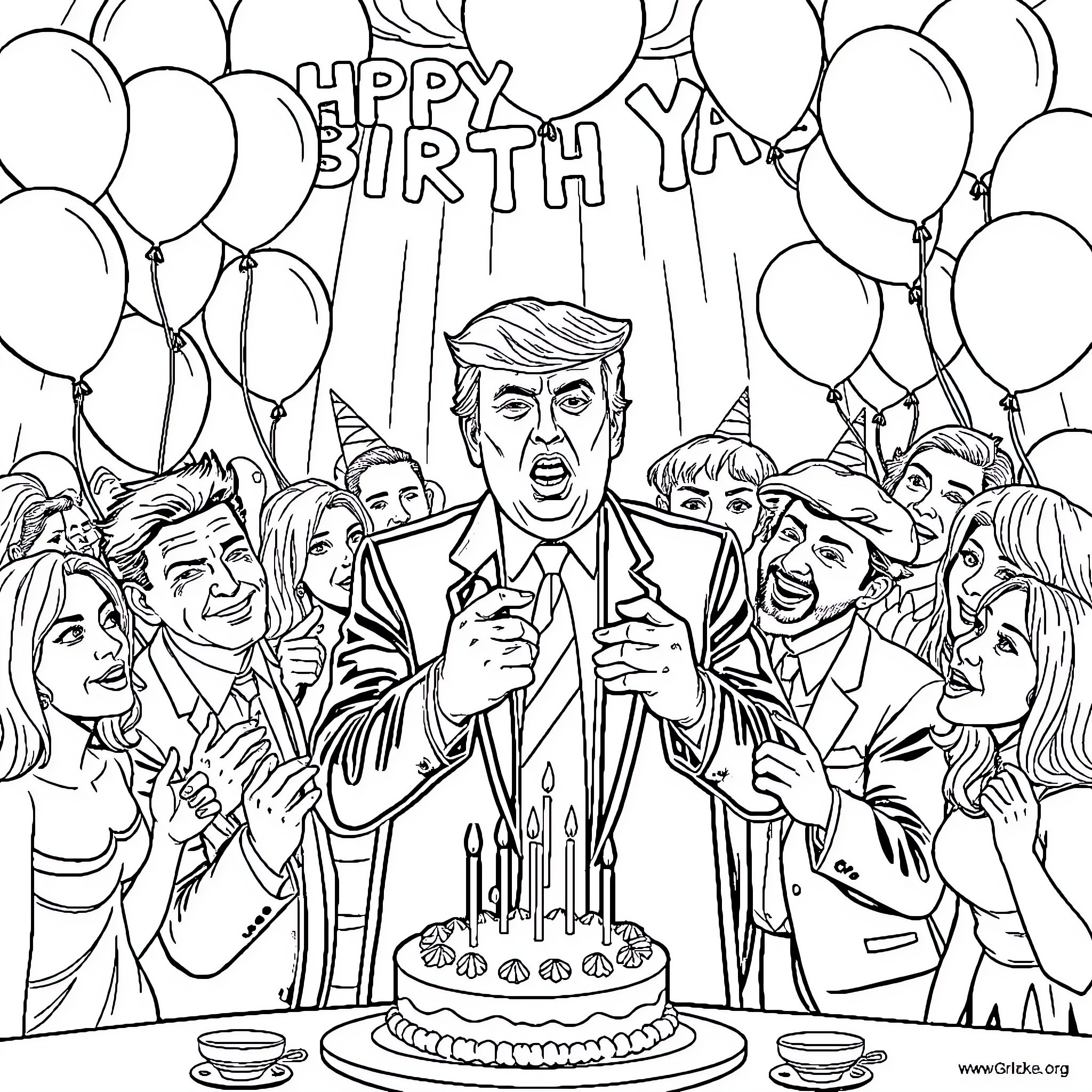 Trump Celebrates Birthday with Crowd of Supporters Coloring Page (free black-and-white line drawing printable PDF for all, from beginners to advanced learners, including children, teens, adults, and seniors)
