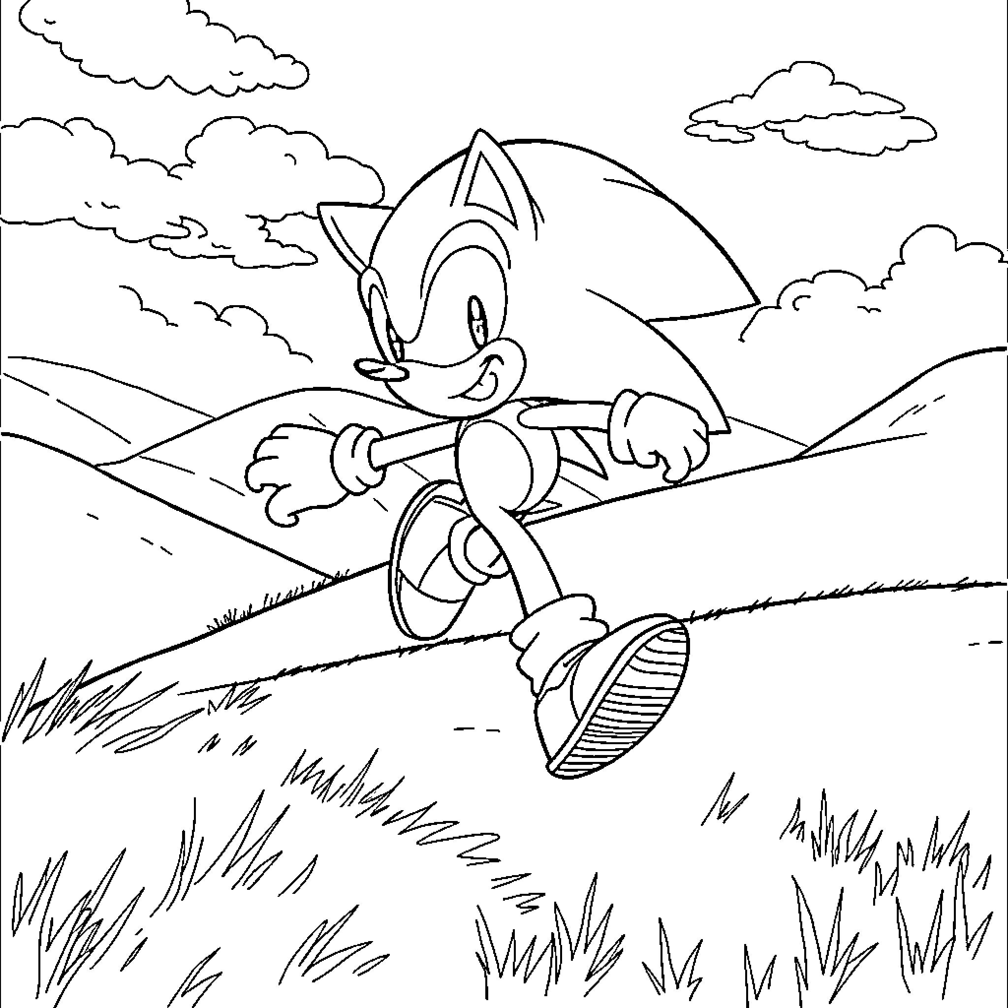 Sonic exploring the countryside with enthusiasm Coloring Page (free black-and-white line drawing printable PDF for all, from beginners to advanced learners, including children, teens, adults, and seniors)