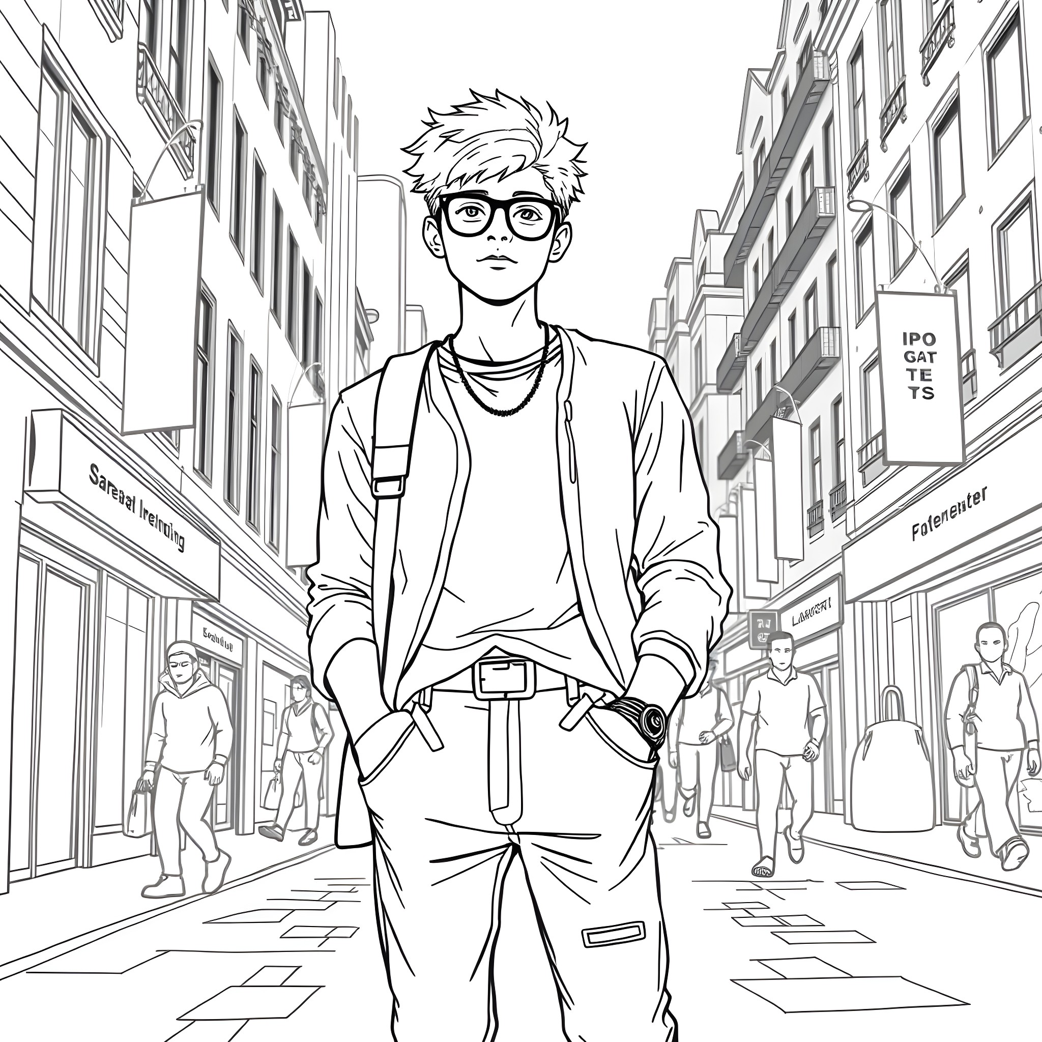 Teen Guy Walking Casually on City Streets Coloring Page (free black-and-white line drawing printable PDF for all, from beginners to advanced learners, including children, teens, adults, and seniors)