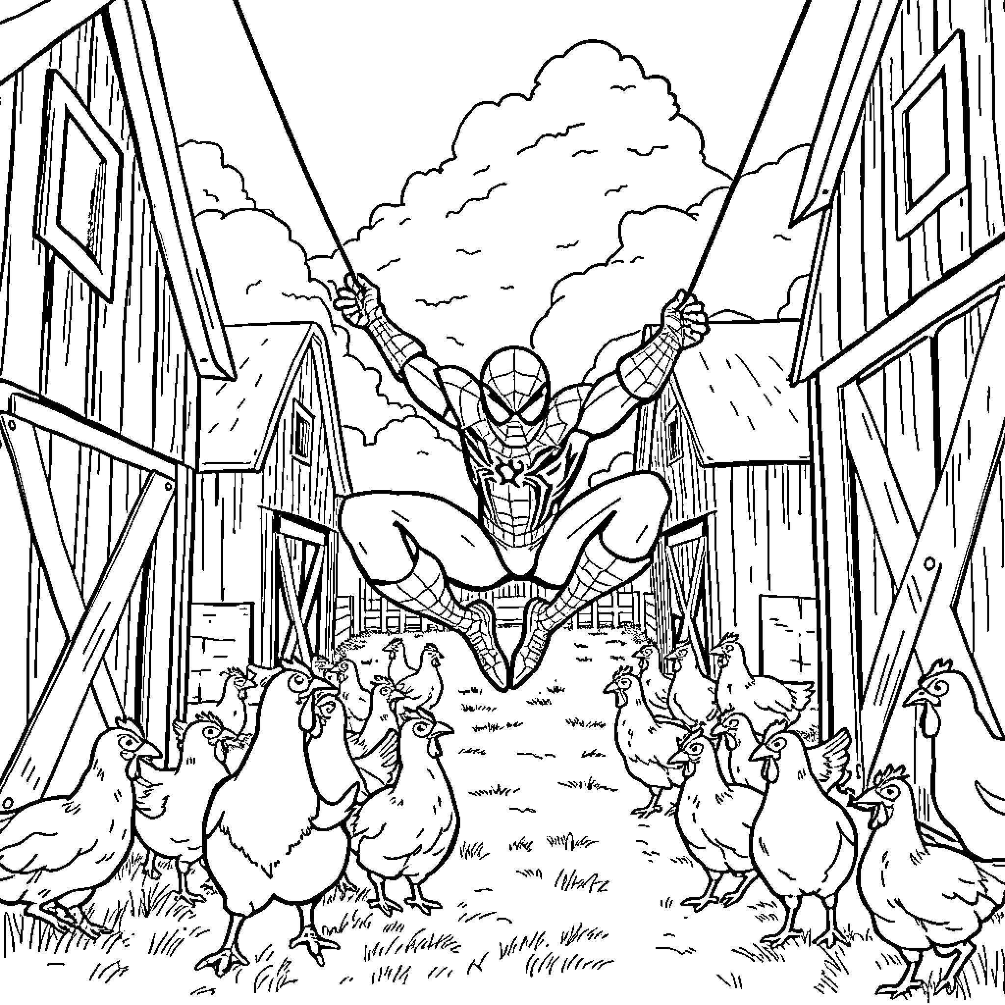 Spiderman leaps among the chickens in a rural setting Coloring Page (free black-and-white line drawing printable PDF for all, from beginners to advanced learners, including children, teens, adults, and seniors)
