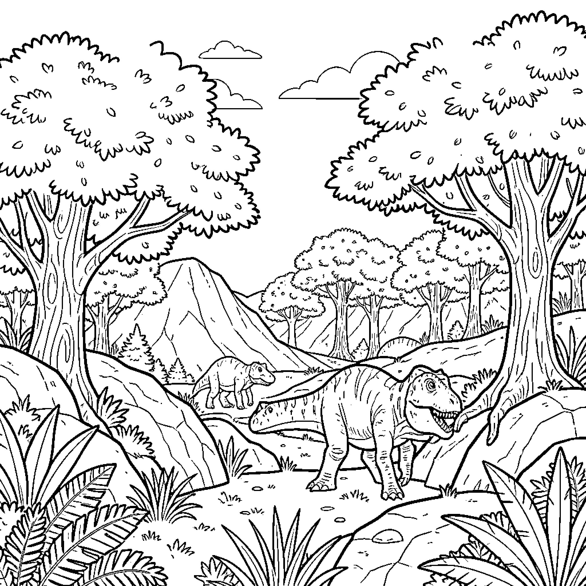 Dinosaur walking through a lush prehistoric forest Coloring Page (free black-and-white line drawing printable PDF for all, from beginners to advanced learners, including children, teens, adults, and seniors)
