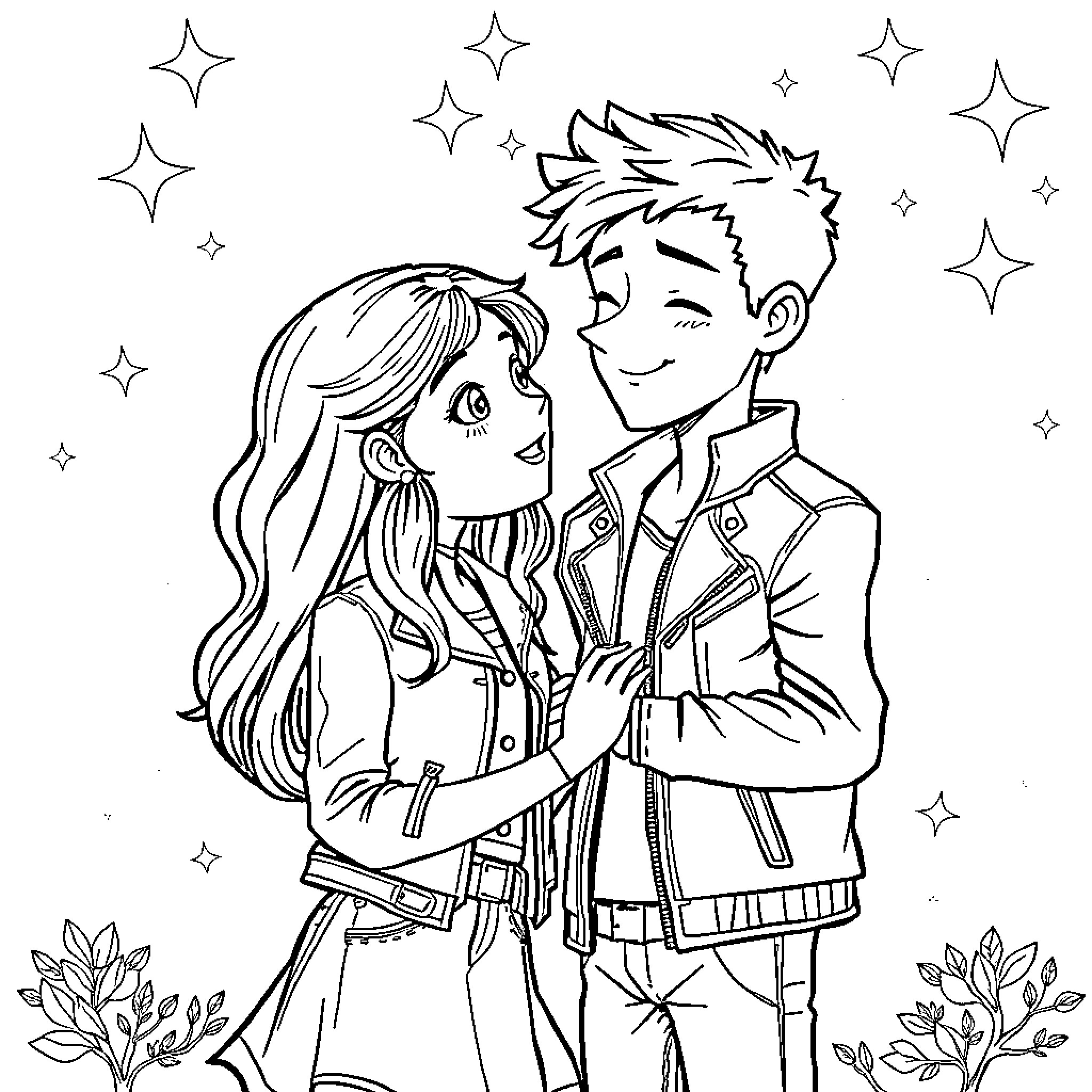 Girl embracing her partner under the starry sky Coloring Page (free black-and-white line drawing printable PDF for all, from beginners to advanced learners, including children, teens, adults, and seniors)