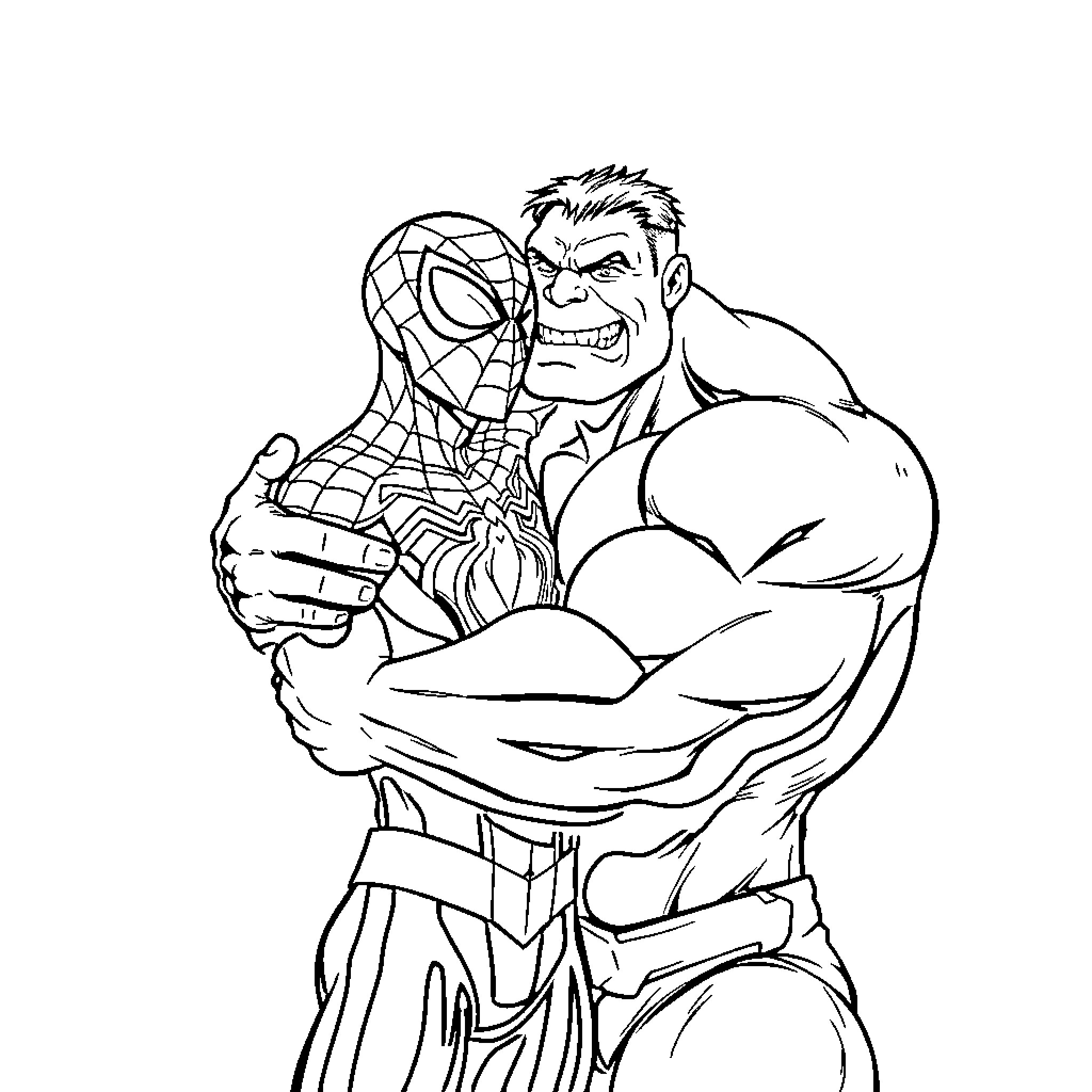 Spiderman facing off against a muscular adversary Coloring Page (free black-and-white line drawing printable PDF for all, from beginners to advanced learners, including children, teens, adults, and seniors)