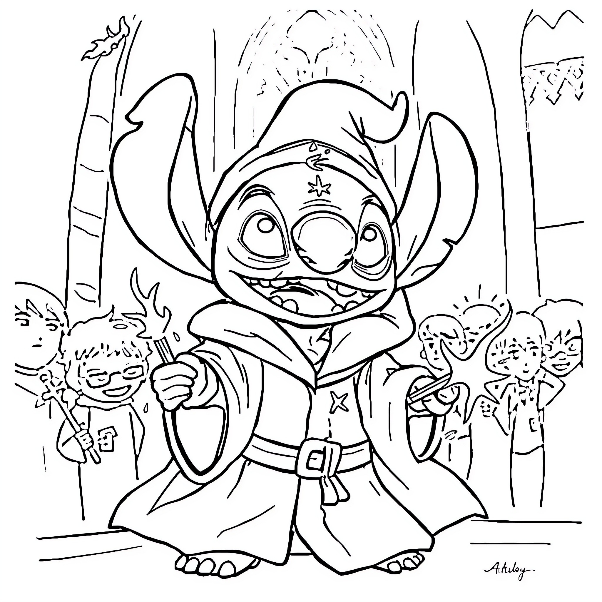 Stitch in Magical Adventure Coloring Page (free black-and-white line drawing printable PDF for all, from beginners to advanced learners, including children, teens, adults, and seniors)