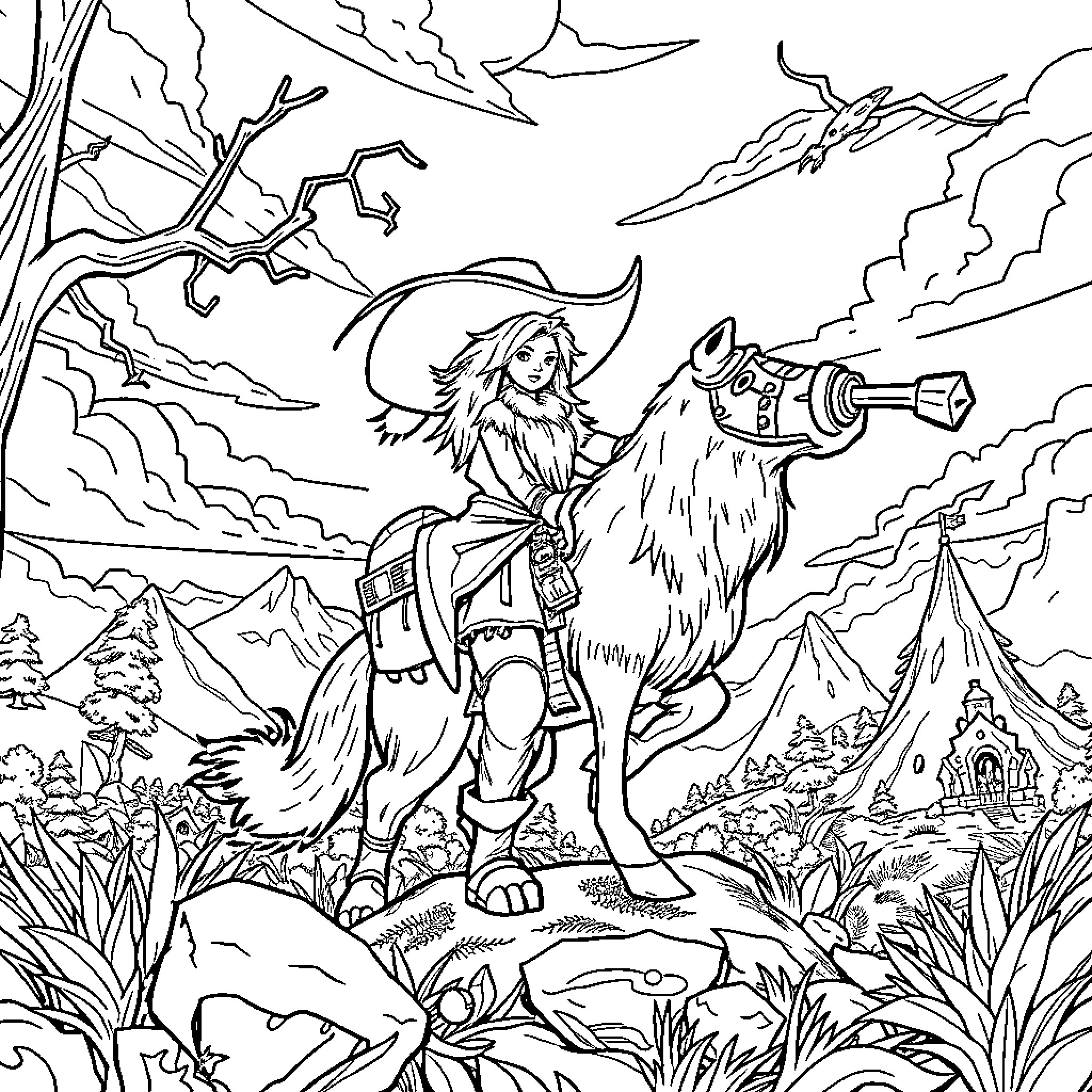 Huntrix on Mystical Adventure Amid Fantastical Landscapes Coloring Page (free black-and-white line drawing printable PDF for all, from beginners to advanced learners, including children, teens, adults, and seniors)