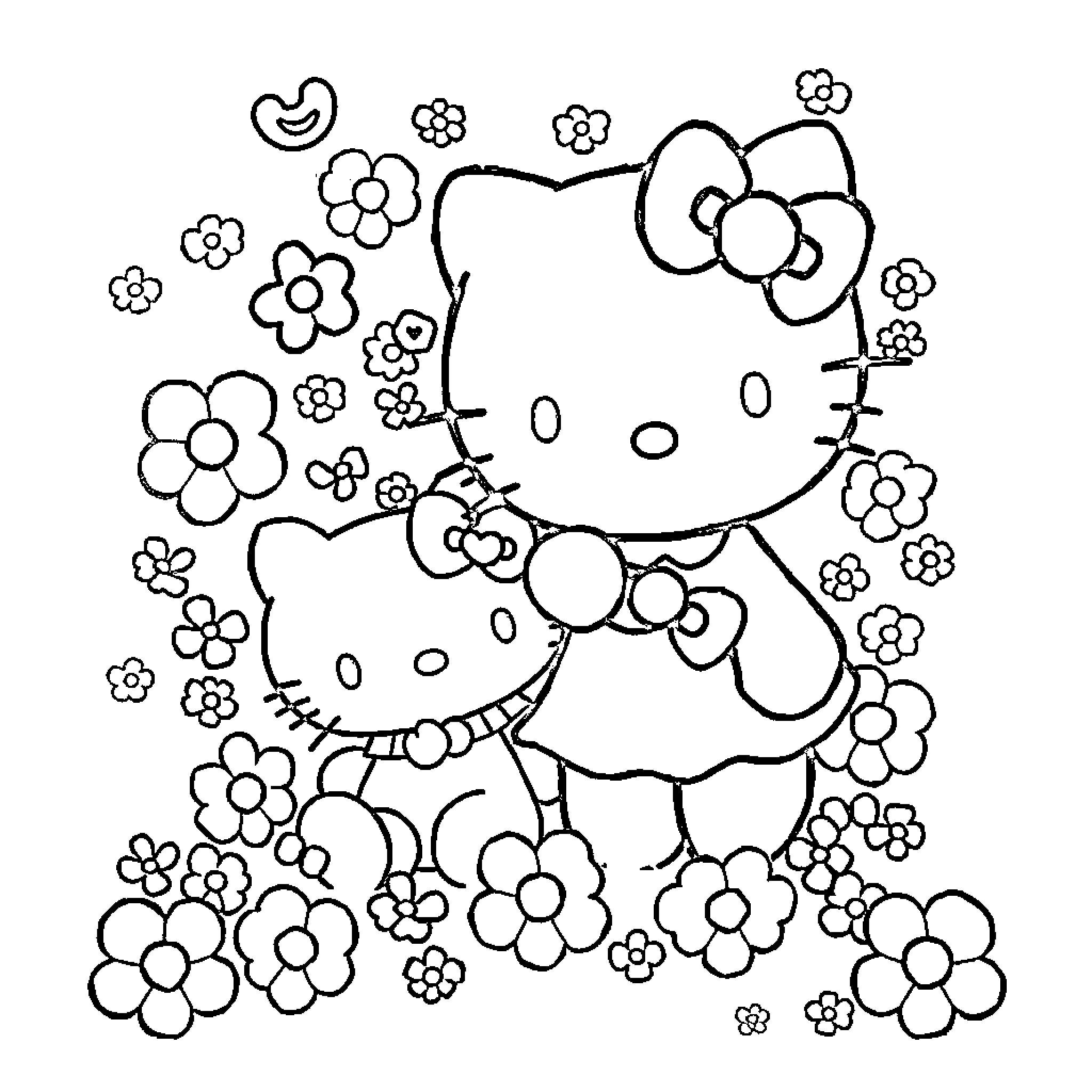 Sanrio Hello Kitty surrounded by flowers Coloring Page (free black-and-white line drawing printable PDF for all, from beginners to advanced learners, including children, teens, adults, and seniors)