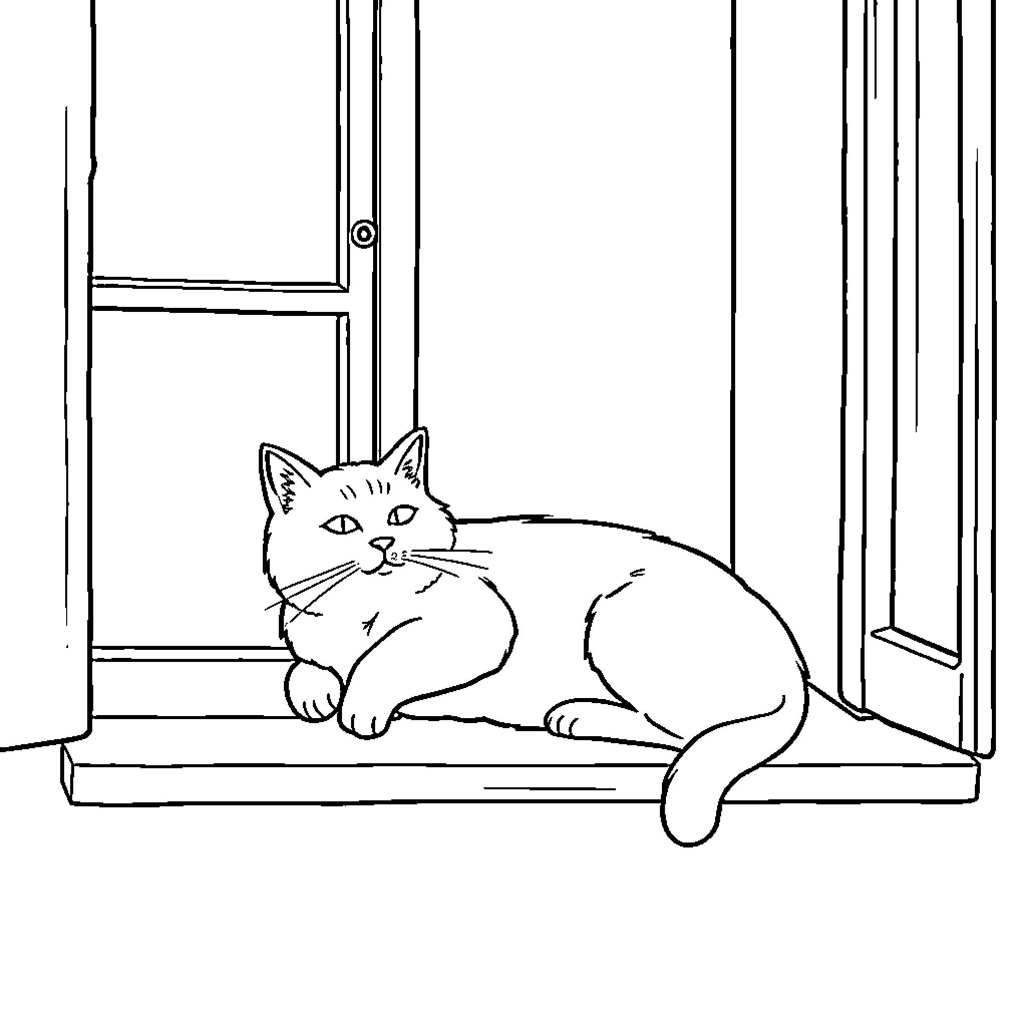 Cat sitting calmly by window Coloring Page (free black-and-white line drawing printable PDF for all, from beginners to advanced learners, including children, teens, adults, and seniors)