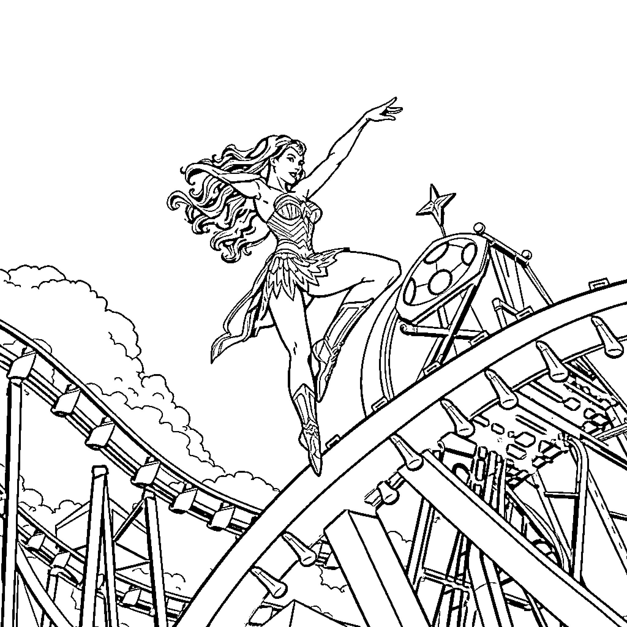 Wonder Woman leaping courageously on a roller coaster Coloring Page (free black-and-white line drawing printable PDF for all, from beginners to advanced learners, including children, teens, adults, and seniors)