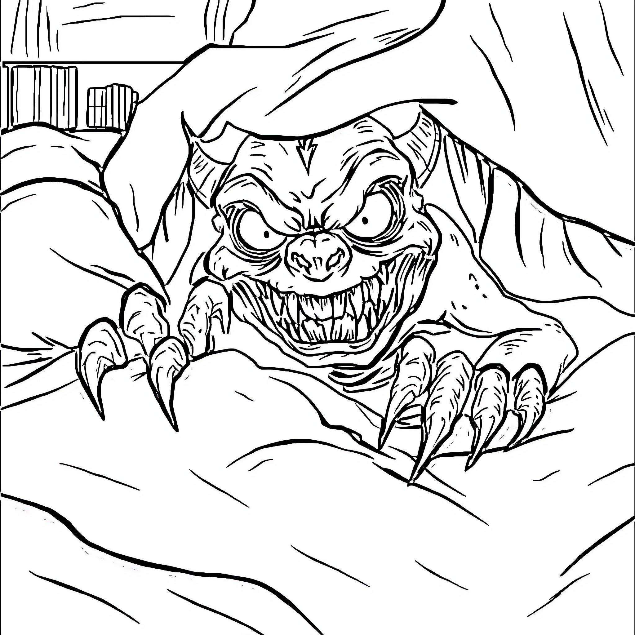Monster Emerging from the Shadows Coloring Page (free black-and-white line drawing printable PDF for all, from beginners to advanced learners, including children, teens, adults, and seniors)