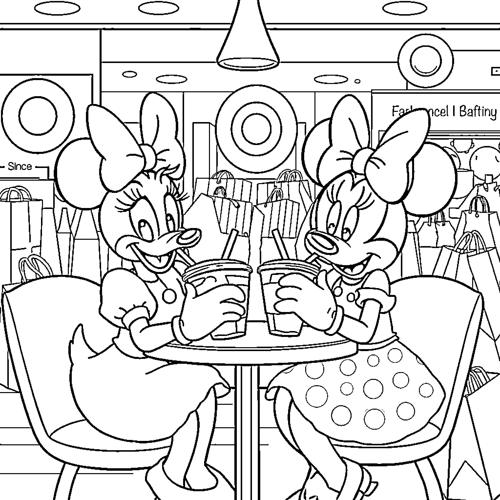Daisy Duck enjoying drinks with friends in colorful cafe Coloring Page (free black-and-white line drawing printable PDF for all, from beginners to advanced learners, including children, teens, adults, and seniors)