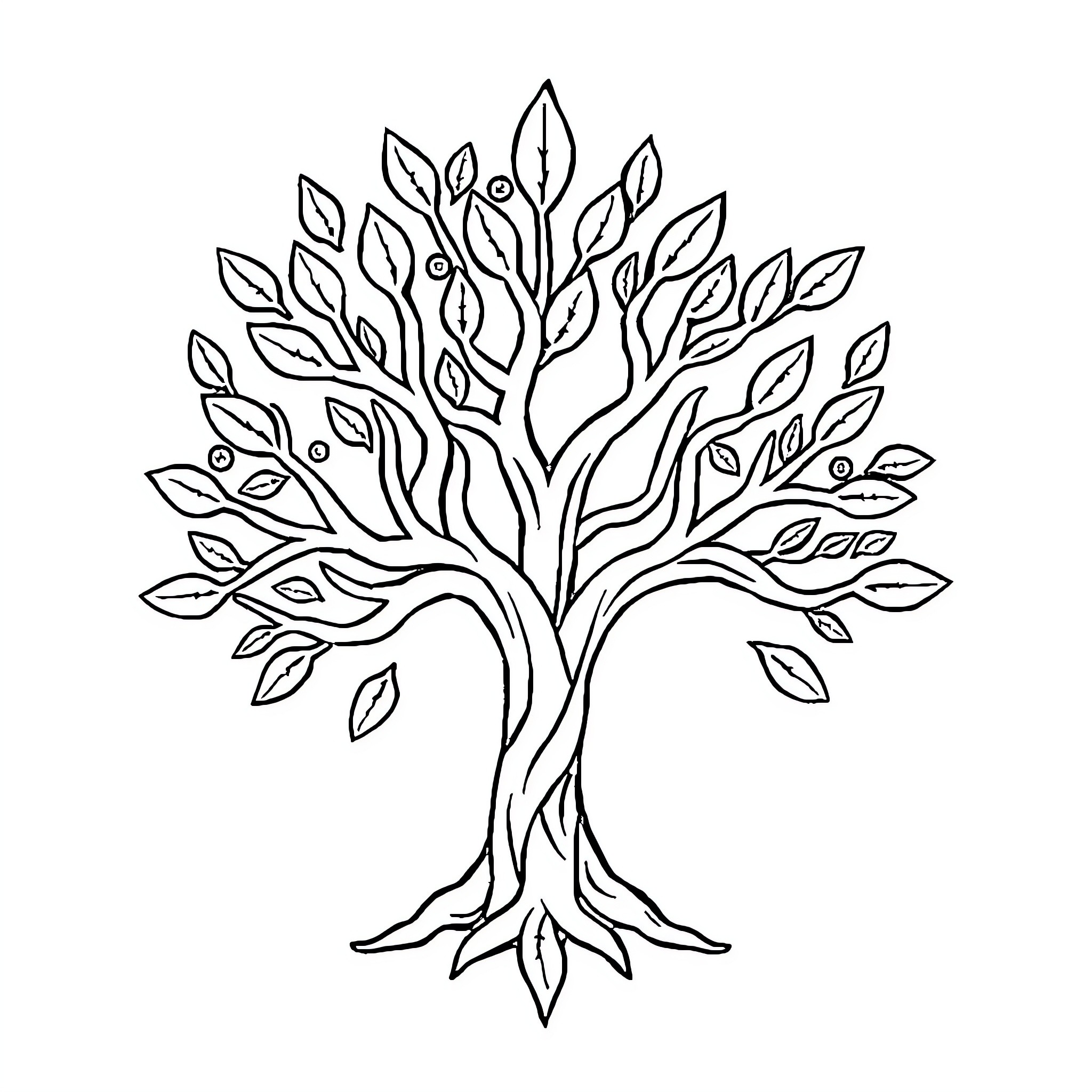 Tree of life with flourishing branches Coloring Page (free black-and-white line drawing printable PDF for all, from beginners to advanced learners, including children, teens, adults, and seniors)