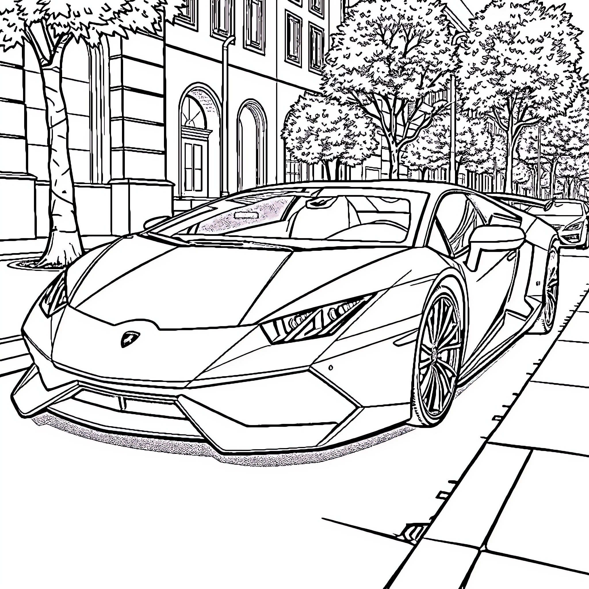 Lamborghini supercar in urban city street Coloring Page (free black-and-white line drawing printable PDF for all, from beginners to advanced learners, including children, teens, adults, and seniors)