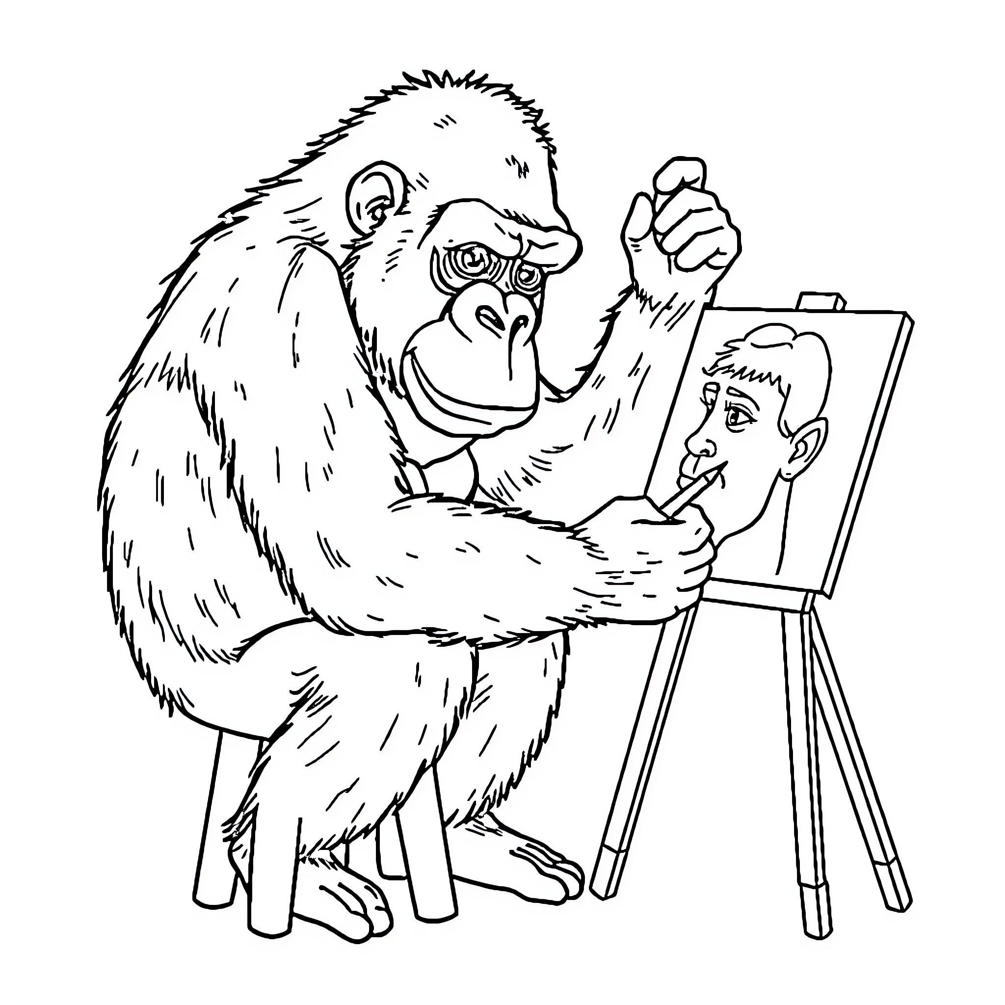 Gorilla Painting a Portrait in an Art Studio Coloring Page (free black-and-white line drawing printable PDF for all, from beginners to advanced learners, including children, teens, adults, and seniors)