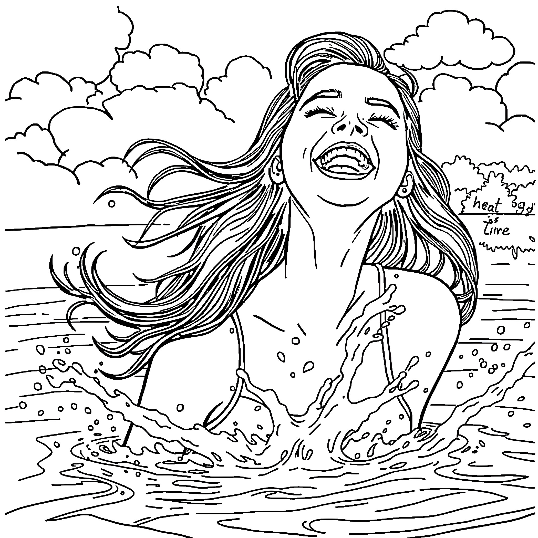 Girl having fun splashing in the waves Coloring Page (free black-and-white line drawing printable PDF for all, from beginners to advanced learners, including children, teens, adults, and seniors)