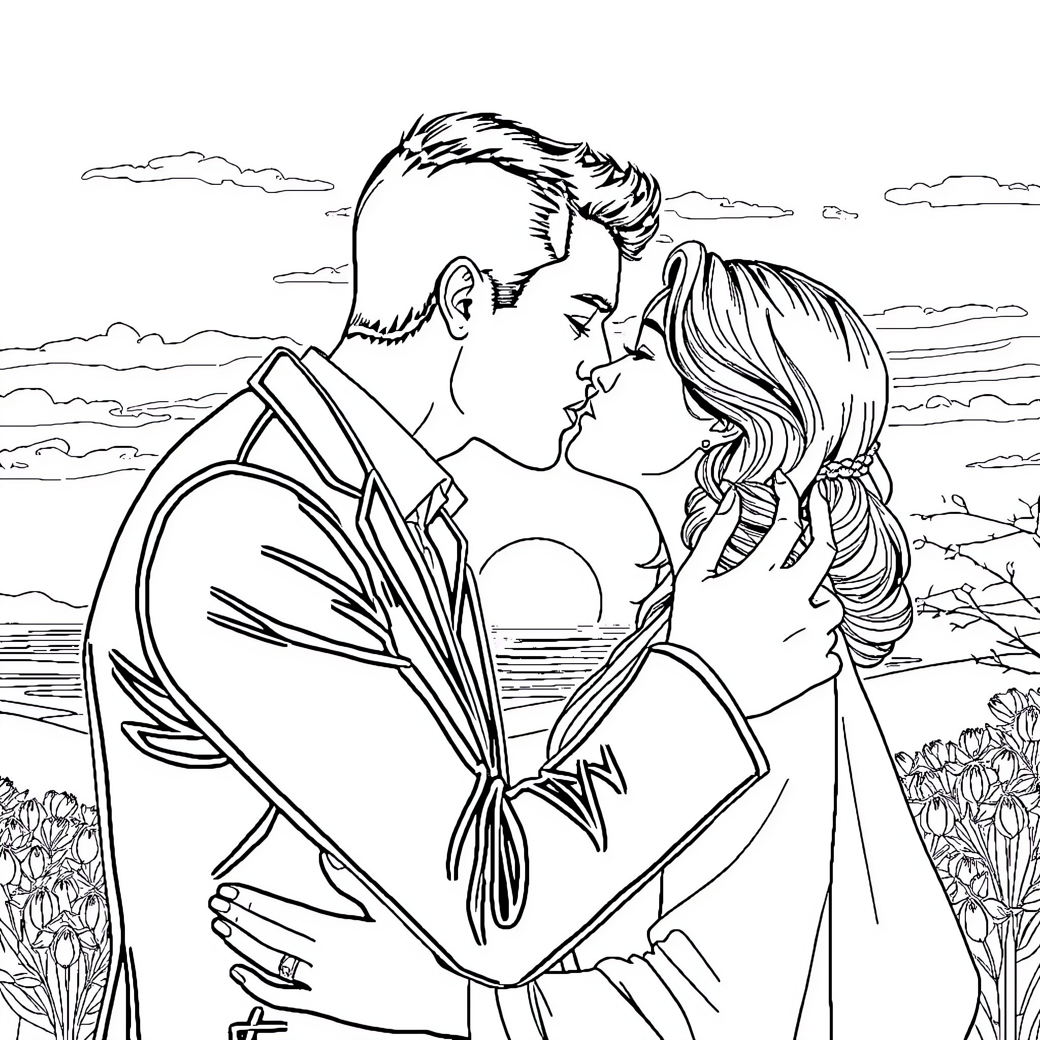 Doctor Couple Embracing in Scenic Outdoor Setting Coloring Page (free black-and-white line drawing printable PDF for all, from beginners to advanced learners, including children, teens, adults, and seniors)