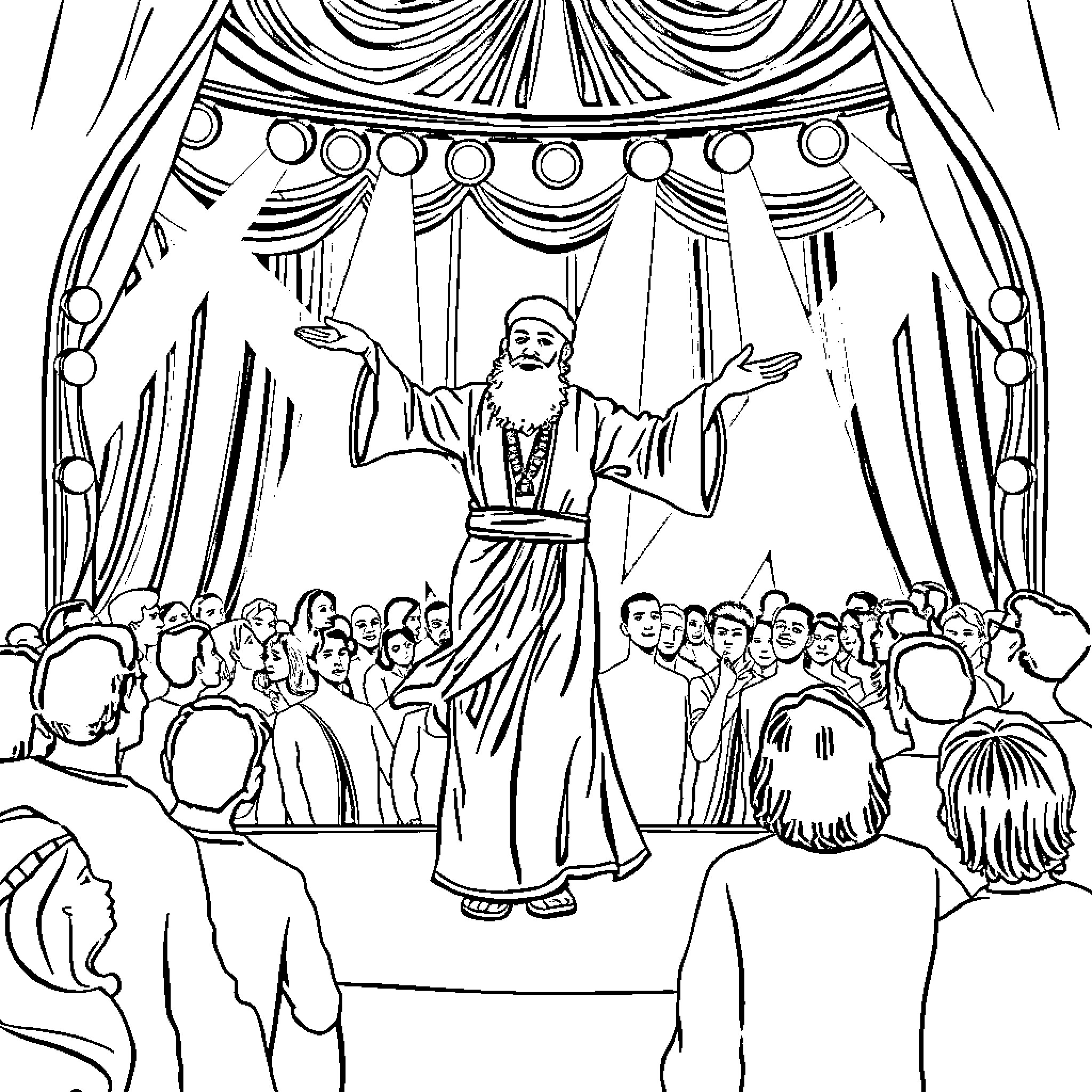 Rumi performing at a grand stage before an audience Coloring Page (free black-and-white line drawing printable PDF for all, from beginners to advanced learners, including children, teens, adults, and seniors)