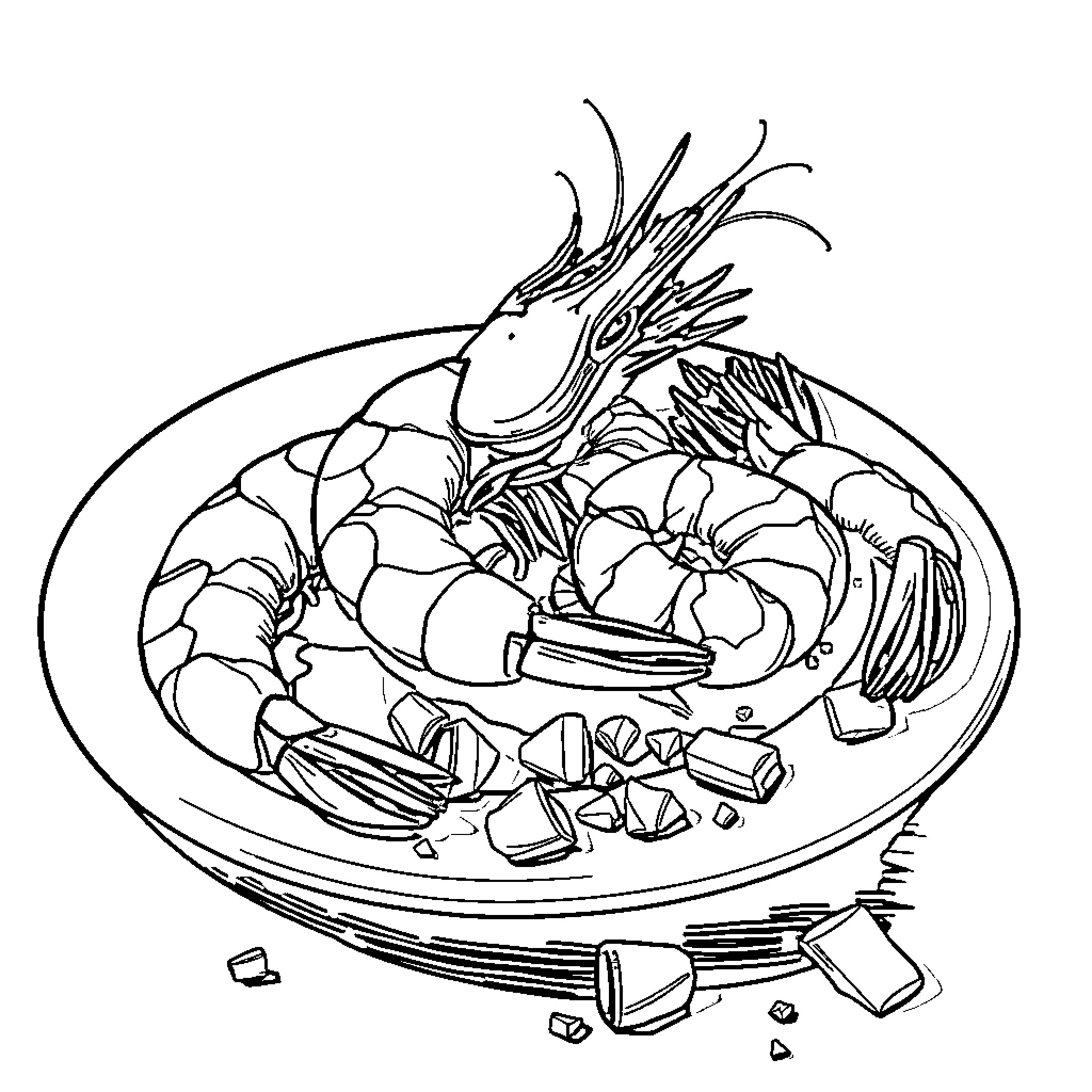 Shrimp dish with garnishes Coloring Page (free black-and-white line drawing printable PDF for all, from beginners to advanced learners, including children, teens, adults, and seniors)