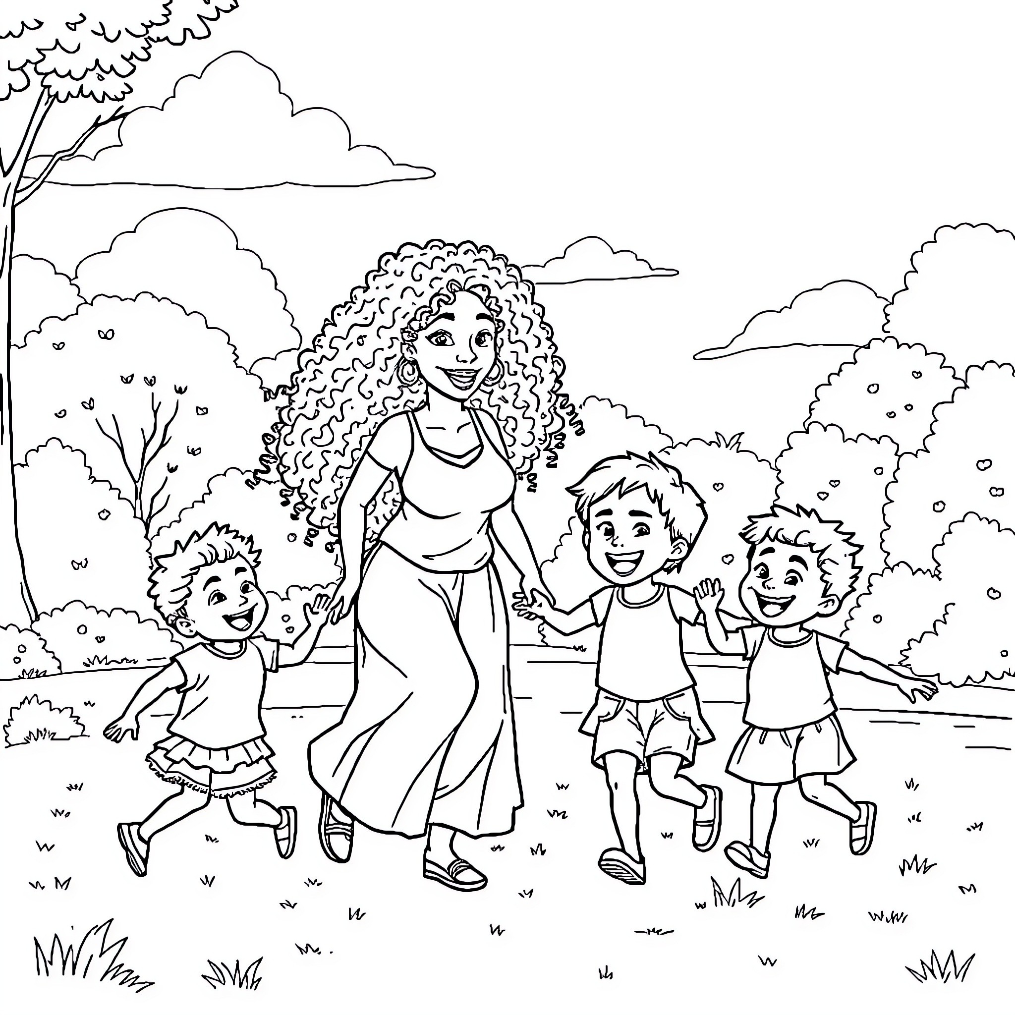 Woman with children playing outdoors in nature Coloring Page (free black-and-white line drawing printable PDF for all, from beginners to advanced learners, including children, teens, adults, and seniors)