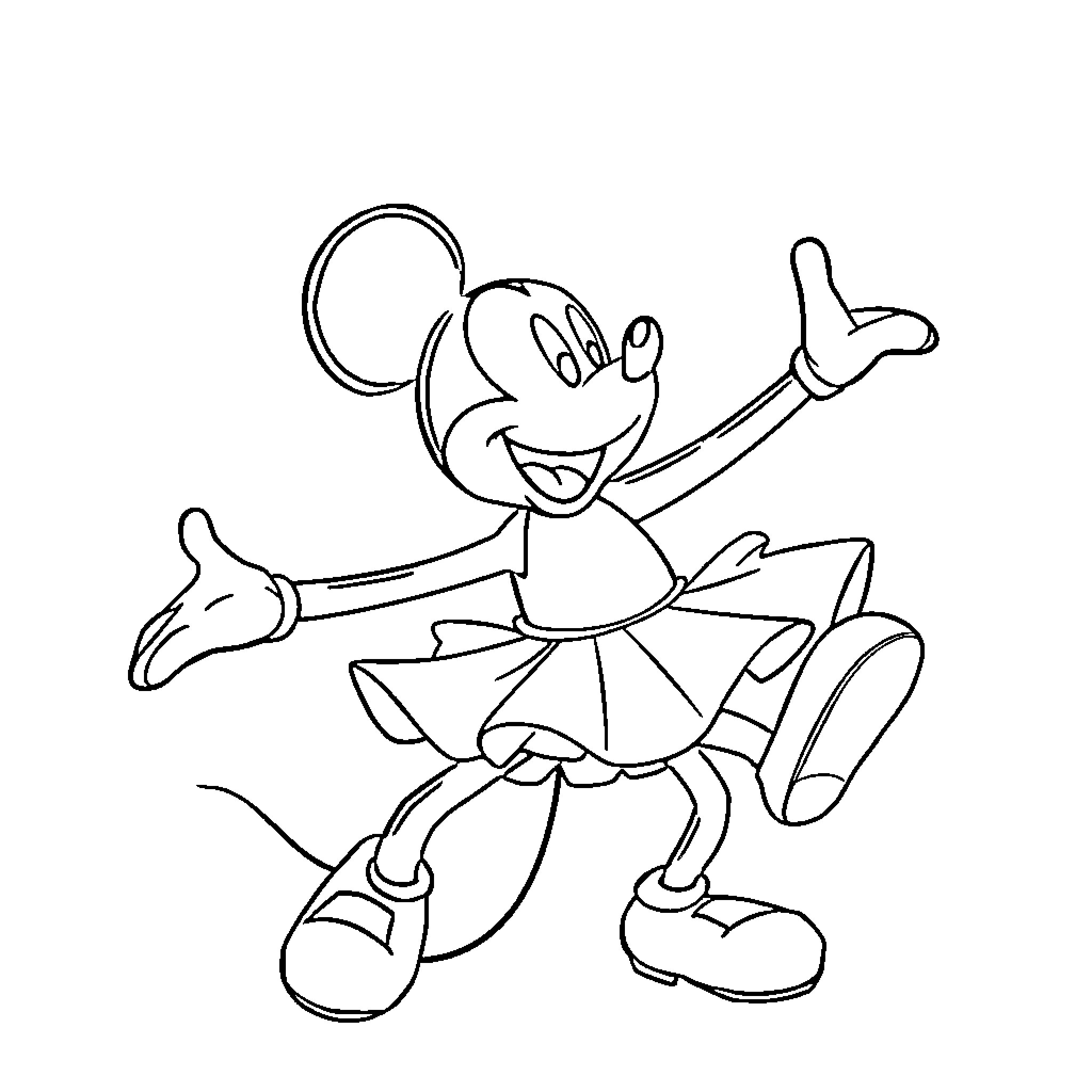 Mickey Mouse dancing with joy Coloring Page (free black-and-white line drawing printable PDF for all, from beginners to advanced learners, including children, teens, adults, and seniors)