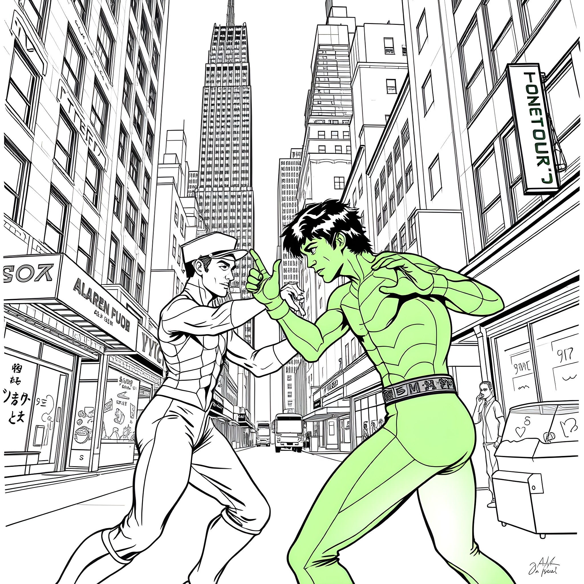 Goblin heroes battle in urban city Coloring Page (free black-and-white line drawing printable PDF for all, from beginners to advanced learners, including children, teens, adults, and seniors)