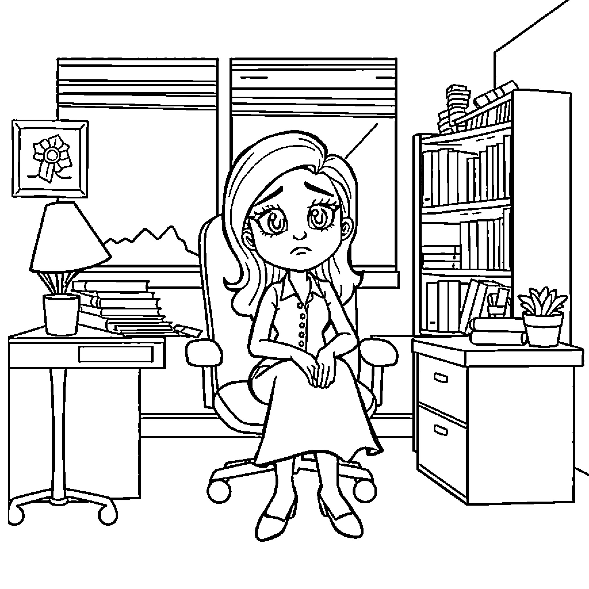 Gabby's Thoughtful Moments in the Office Coloring Page (free black-and-white line drawing printable PDF for all, from beginners to advanced learners, including children, teens, adults, and seniors)