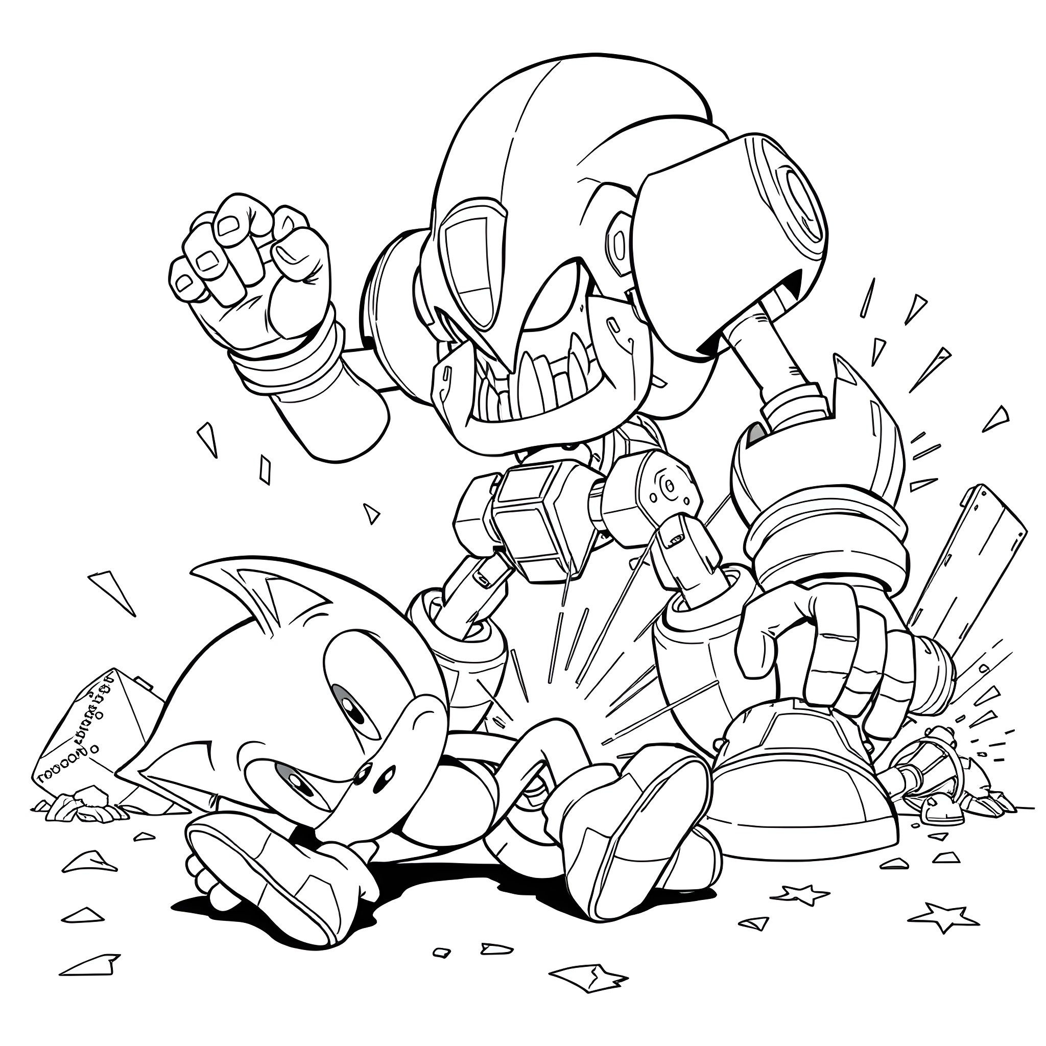 Sonic's Heroic Battle Against a Robotic Foe Coloring Page (free black-and-white line drawing printable PDF for all, from beginners to advanced learners, including children, teens, adults, and seniors)