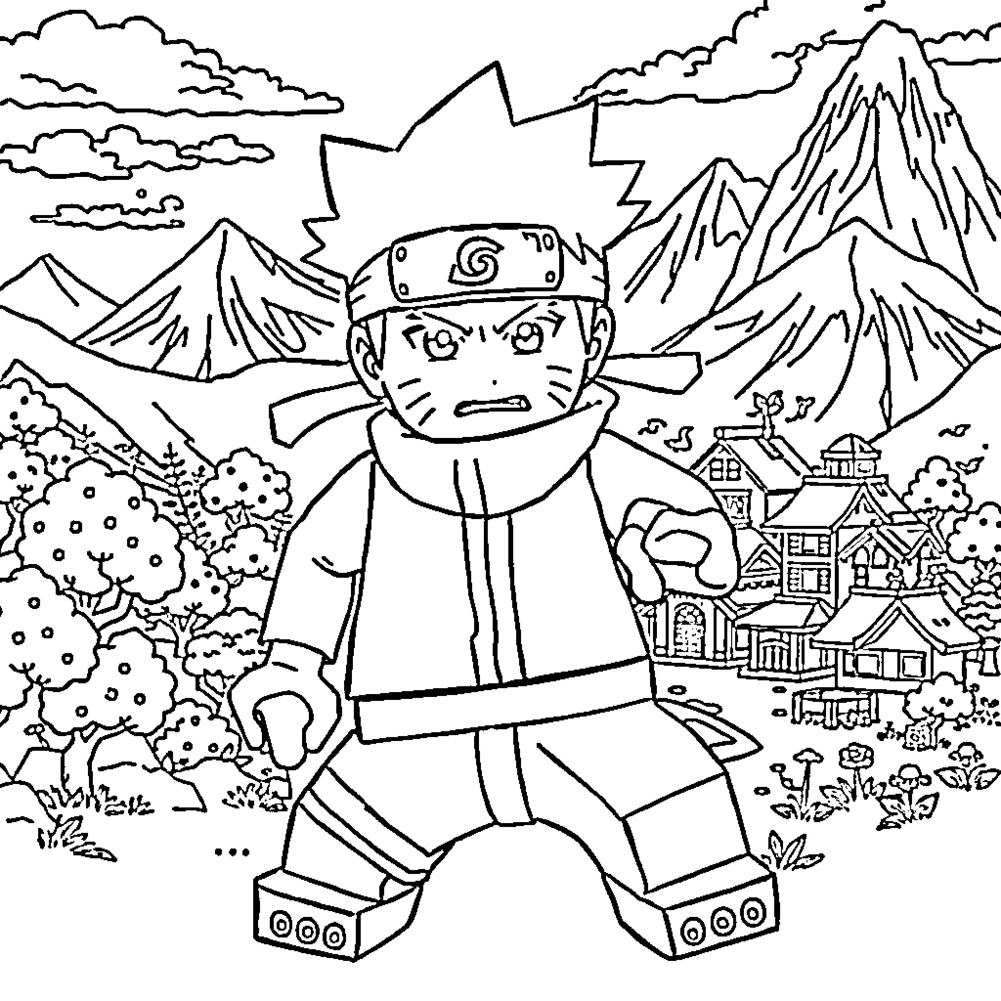 Naruto Character in Scenic Mountain Landscape Coloring Page (free black-and-white line drawing printable PDF for all, from beginners to advanced learners, including children, teens, adults, and seniors)