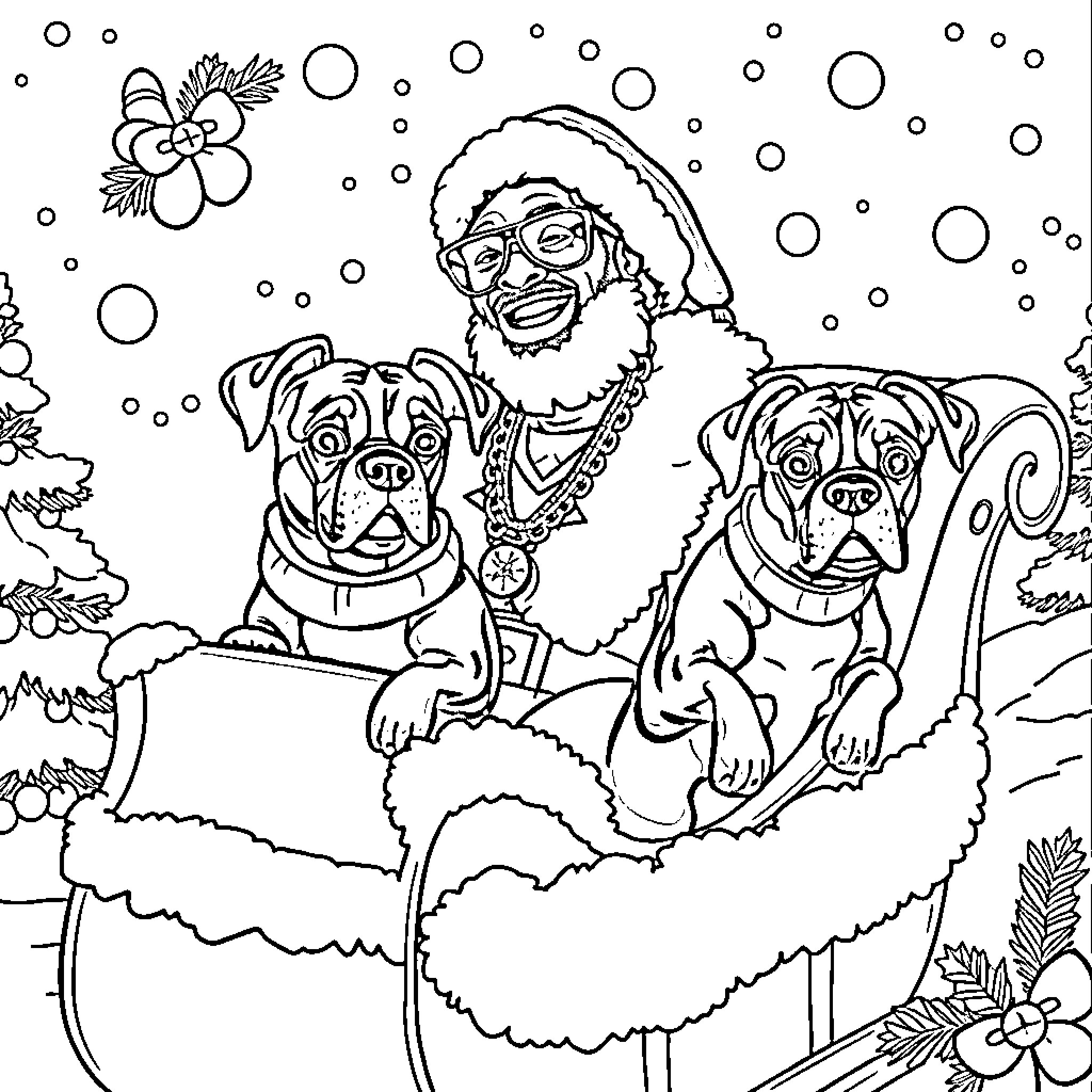 Snoop Dogg's Winter Wonderland with Playful Pups Coloring Page (free black-and-white line drawing printable PDF for all, from beginners to advanced learners, including children, teens, adults, and seniors)