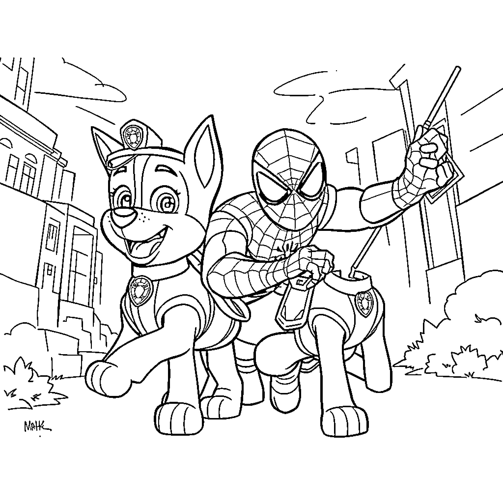 Paw Patrol characters on a city adventure Coloring Page (free black-and-white line drawing printable PDF for all, from beginners to advanced learners, including children, teens, adults, and seniors)