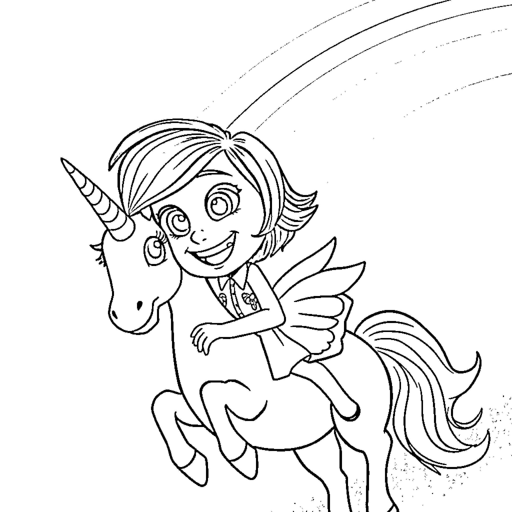 Joy of an Imaginative Girl Riding a Unicorn Coloring Page (free black-and-white line drawing printable PDF for all, from beginners to advanced learners, including children, teens, adults, and seniors)