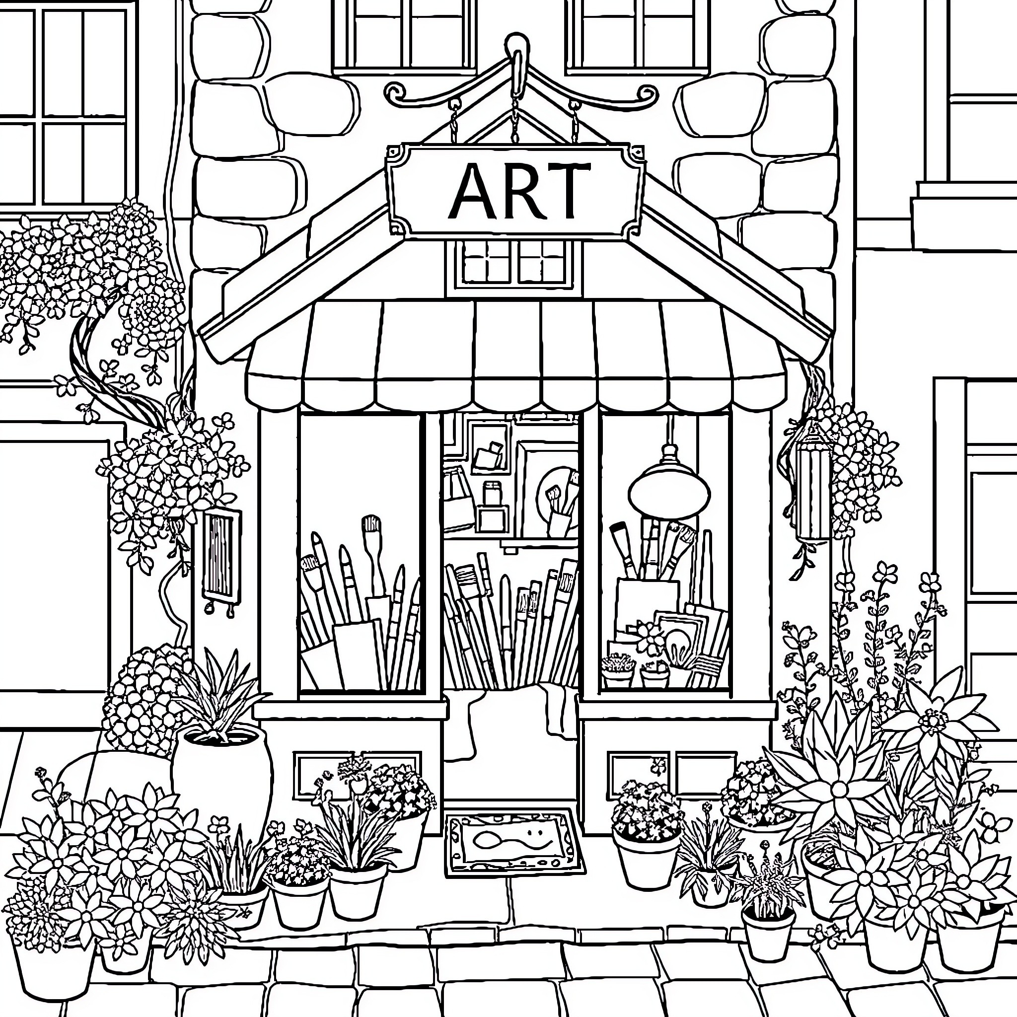 Artstore with art supplies and creative scenery Coloring Page (free black-and-white line drawing printable PDF for all, from beginners to advanced learners, including children, teens, adults, and seniors)