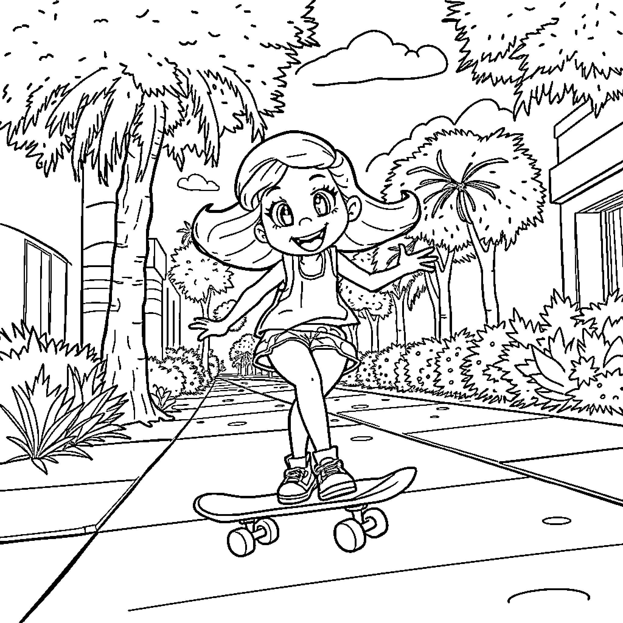 Bluey skateboarding in a tropical paradise Coloring Page (free black-and-white line drawing printable PDF for all, from beginners to advanced learners, including children, teens, adults, and seniors)