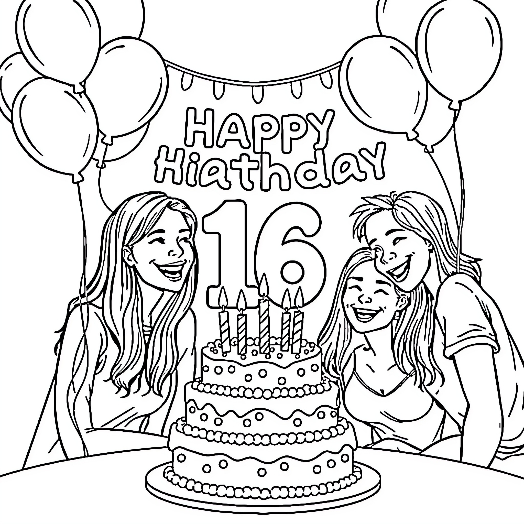 Birthday celebration with friends and cake Coloring Page (free black-and-white line drawing printable PDF for all, from beginners to advanced learners, including children, teens, adults, and seniors)