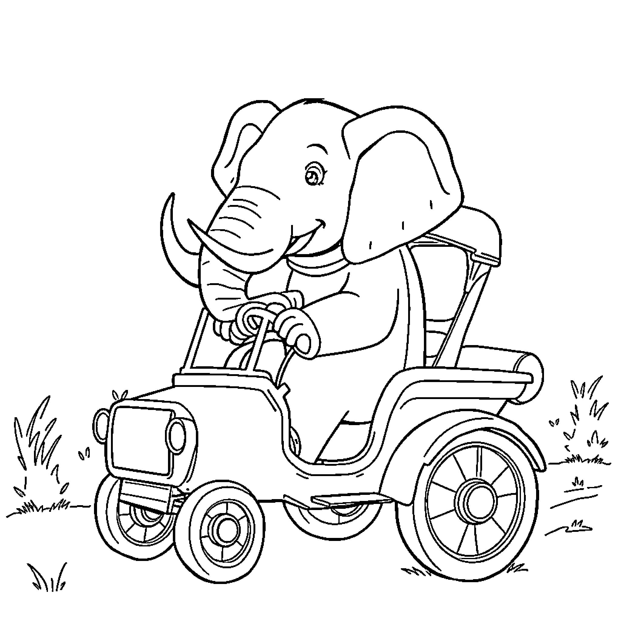 Elephant riding a tricycle in the park Coloring Page (free black-and-white line drawing printable PDF for all, from beginners to advanced learners, including children, teens, adults, and seniors)