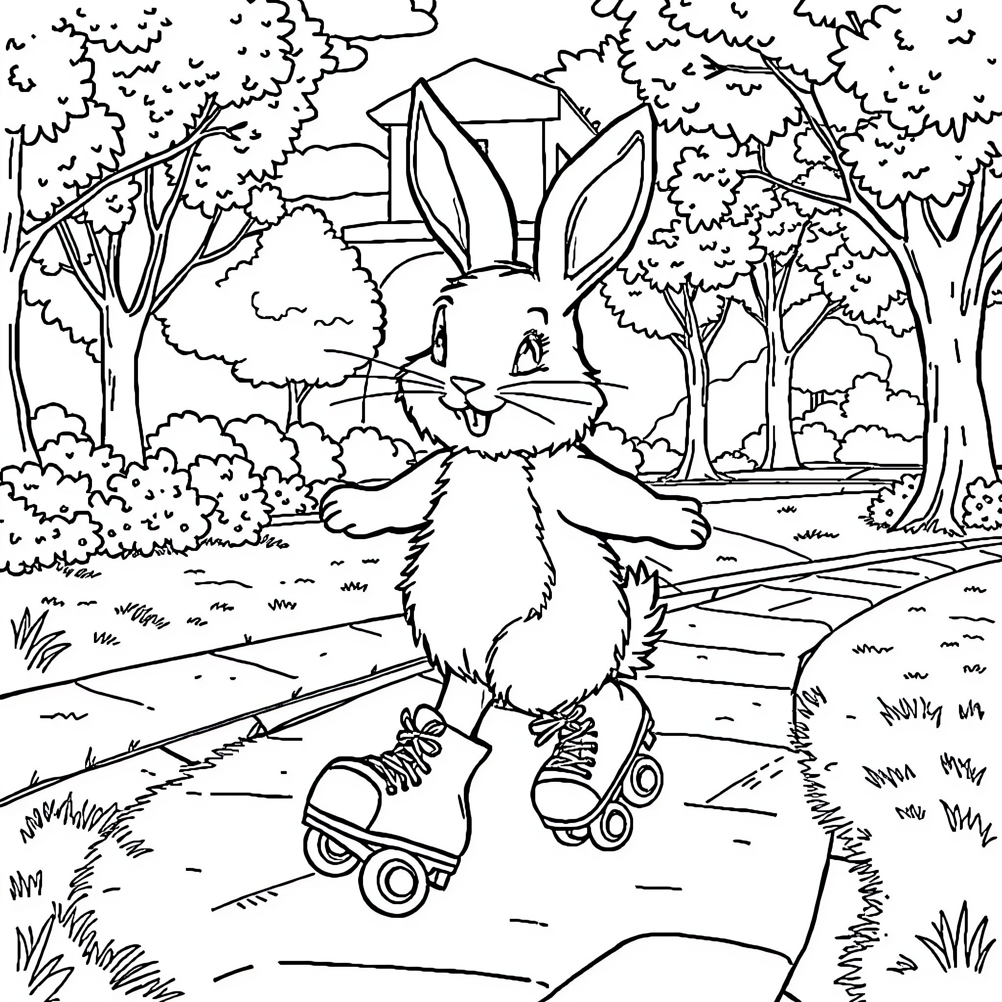 Rabbit roller skating in the forest Coloring Page (free black-and-white line drawing printable PDF for all, from beginners to advanced learners, including children, teens, adults, and seniors)