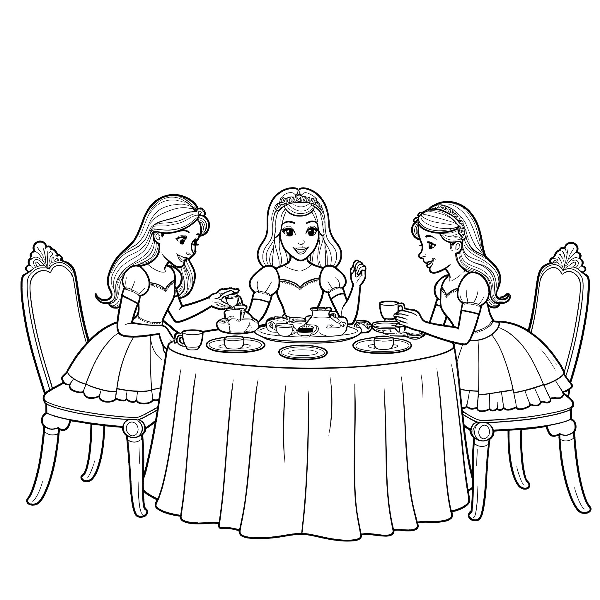 Princess Tea Party with Friends Coloring Page (free black-and-white line drawing printable PDF for all, from beginners to advanced learners, including children, teens, adults, and seniors)