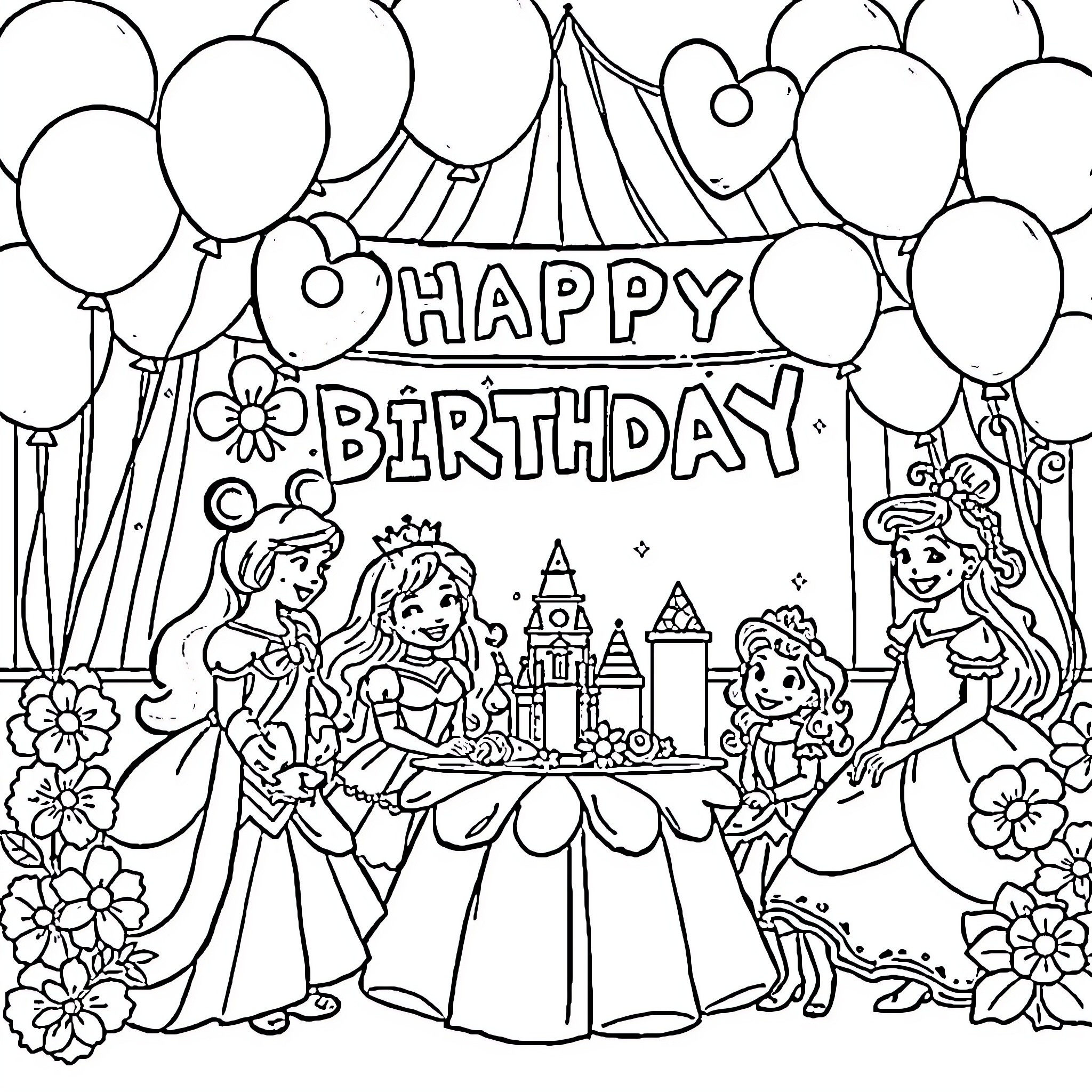 Disney Princess Birthday Party with Balloons and Flowers Coloring Page (free black-and-white line drawing printable PDF for all, from beginners to advanced learners, including children, teens, adults, and seniors)