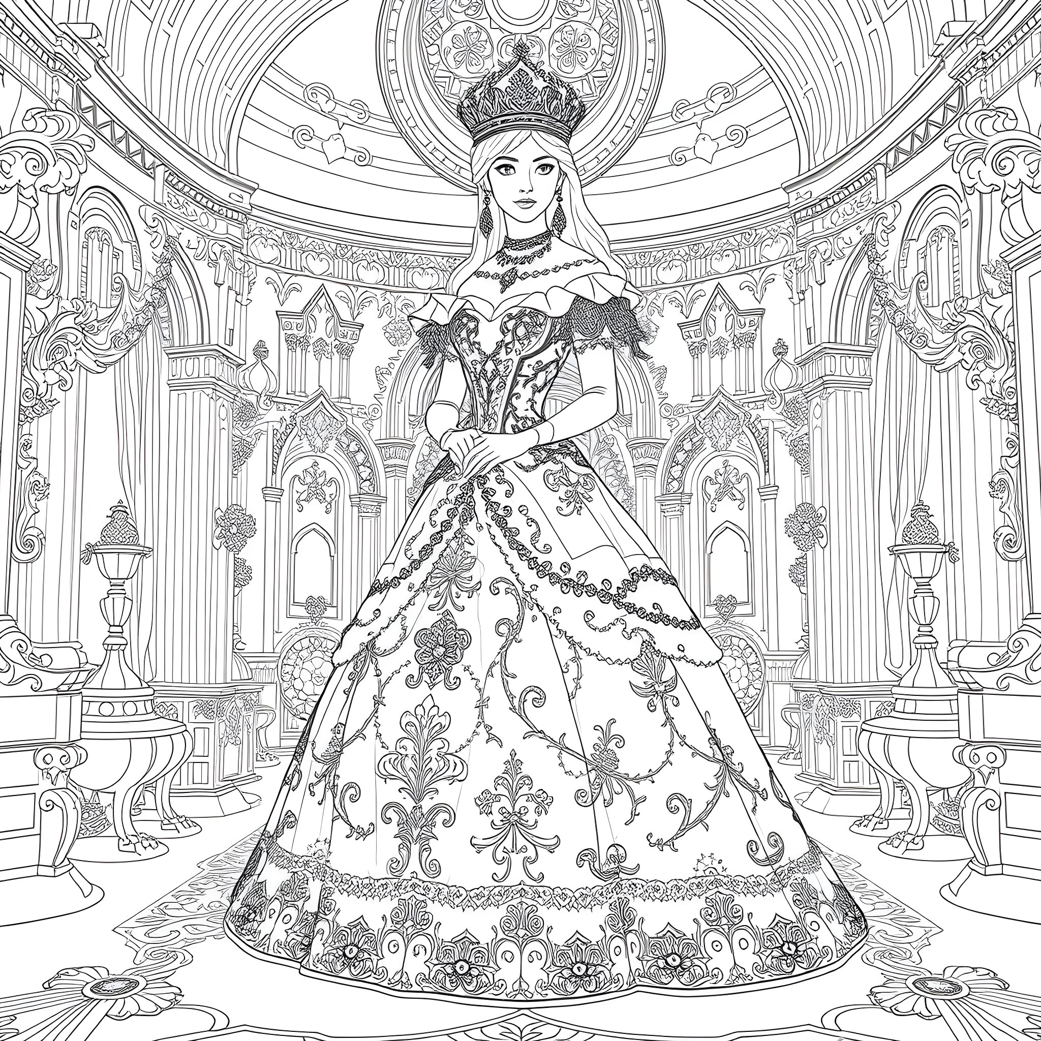 Princess in Ornate Ballroom with Elaborate Decor Coloring Page (free black-and-white line drawing printable PDF for all, from beginners to advanced learners, including children, teens, adults, and seniors)