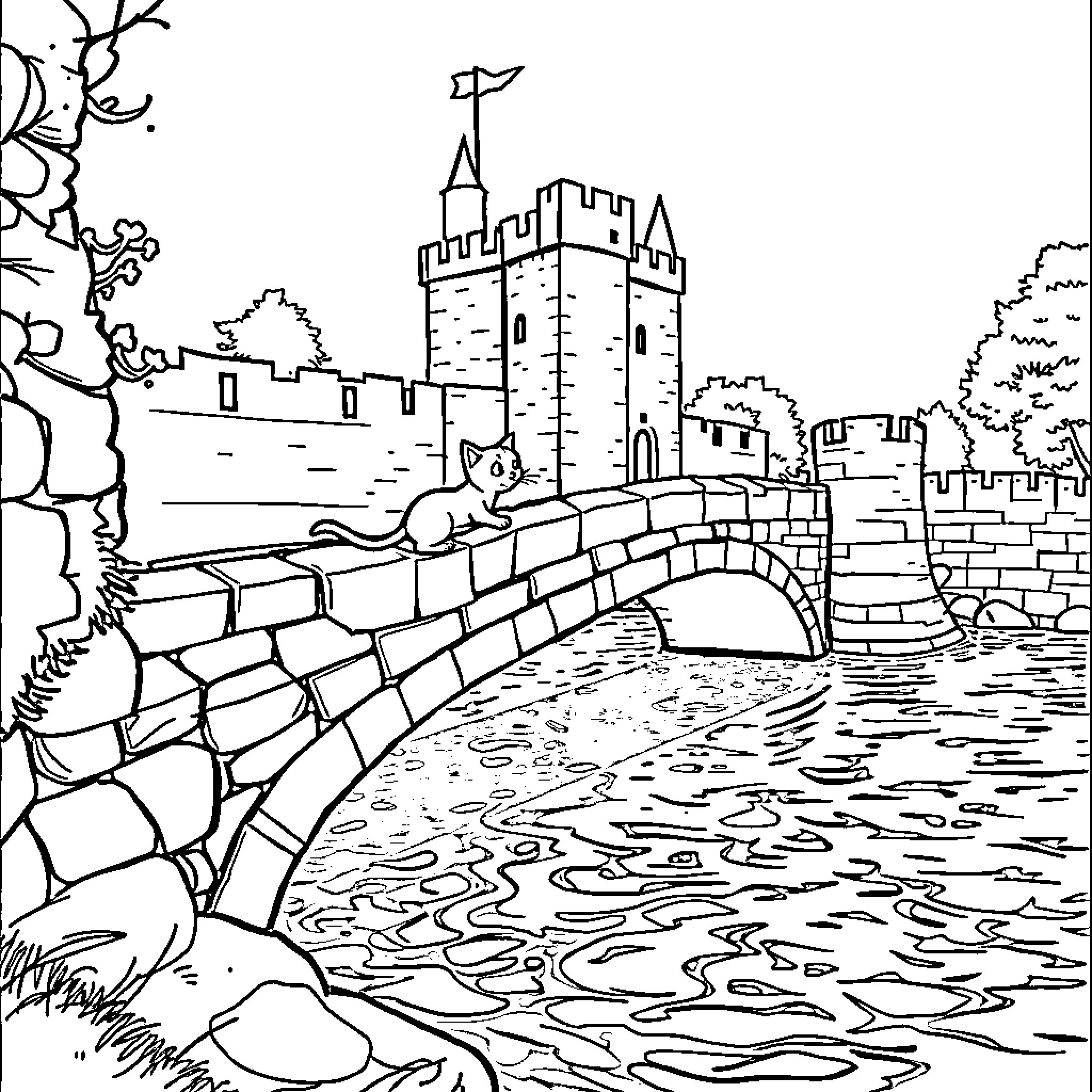 Cat exploring medieval castle and bridge Coloring Page (free black-and-white line drawing printable PDF for all, from beginners to advanced learners, including children, teens, adults, and seniors)