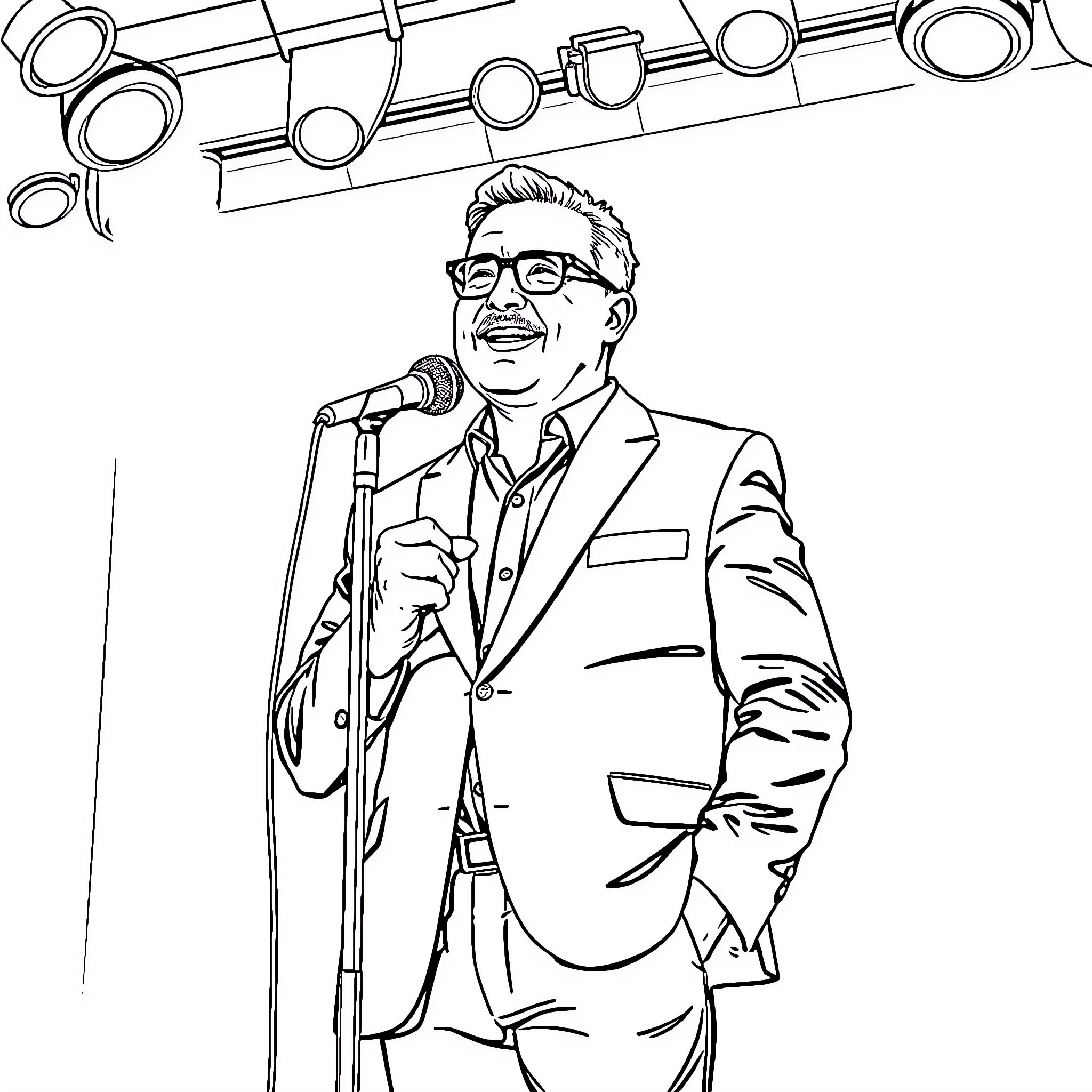 Mahmut Tuncer performing on stage with a musical instrument Coloring Page (free black-and-white line drawing printable PDF for all, from beginners to advanced learners, including children, teens, adults, and seniors)