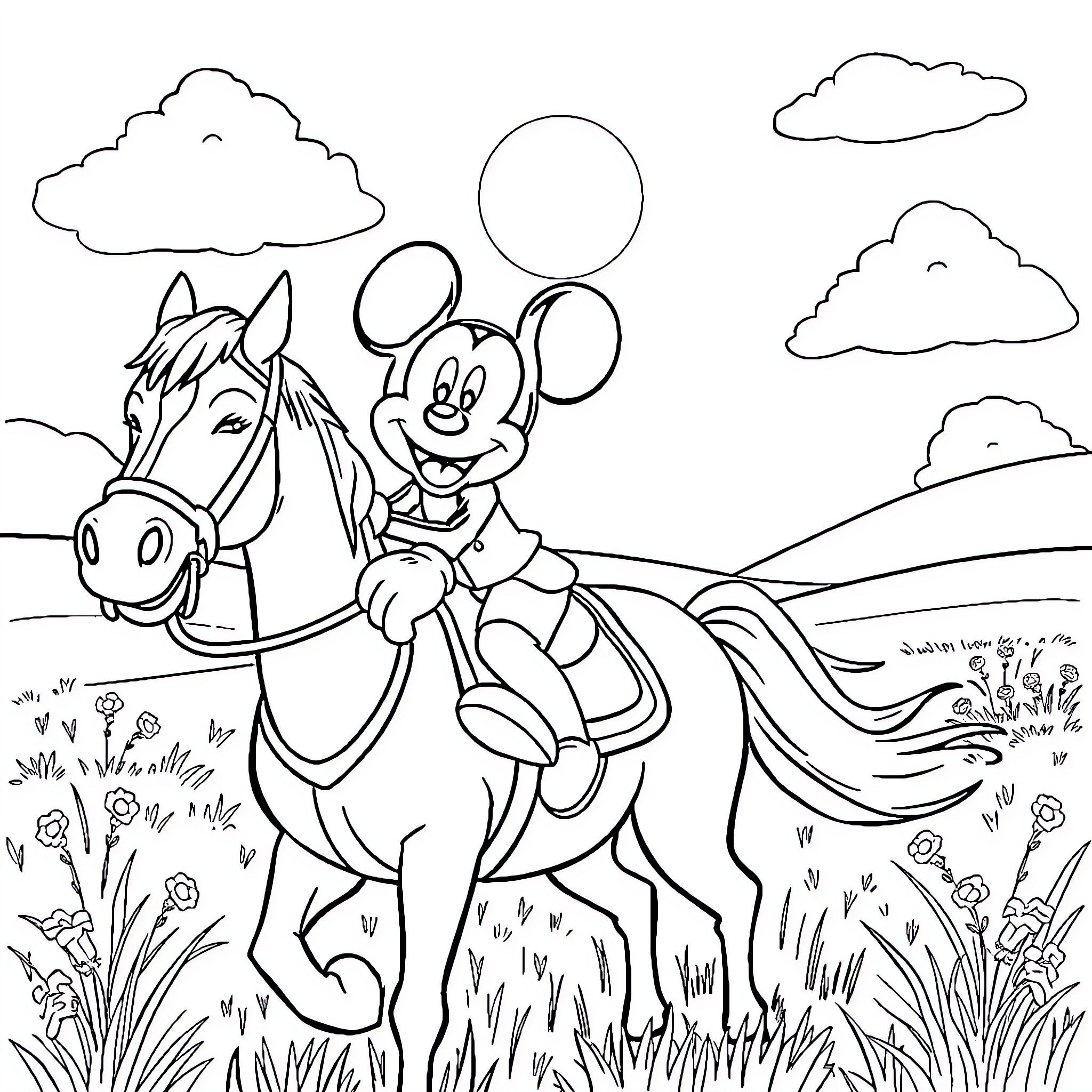 Mickey Mouse riding a horse through a scenic landscape Coloring Page (free black-and-white line drawing printable PDF for all, from beginners to advanced learners, including children, teens, adults, and seniors)
