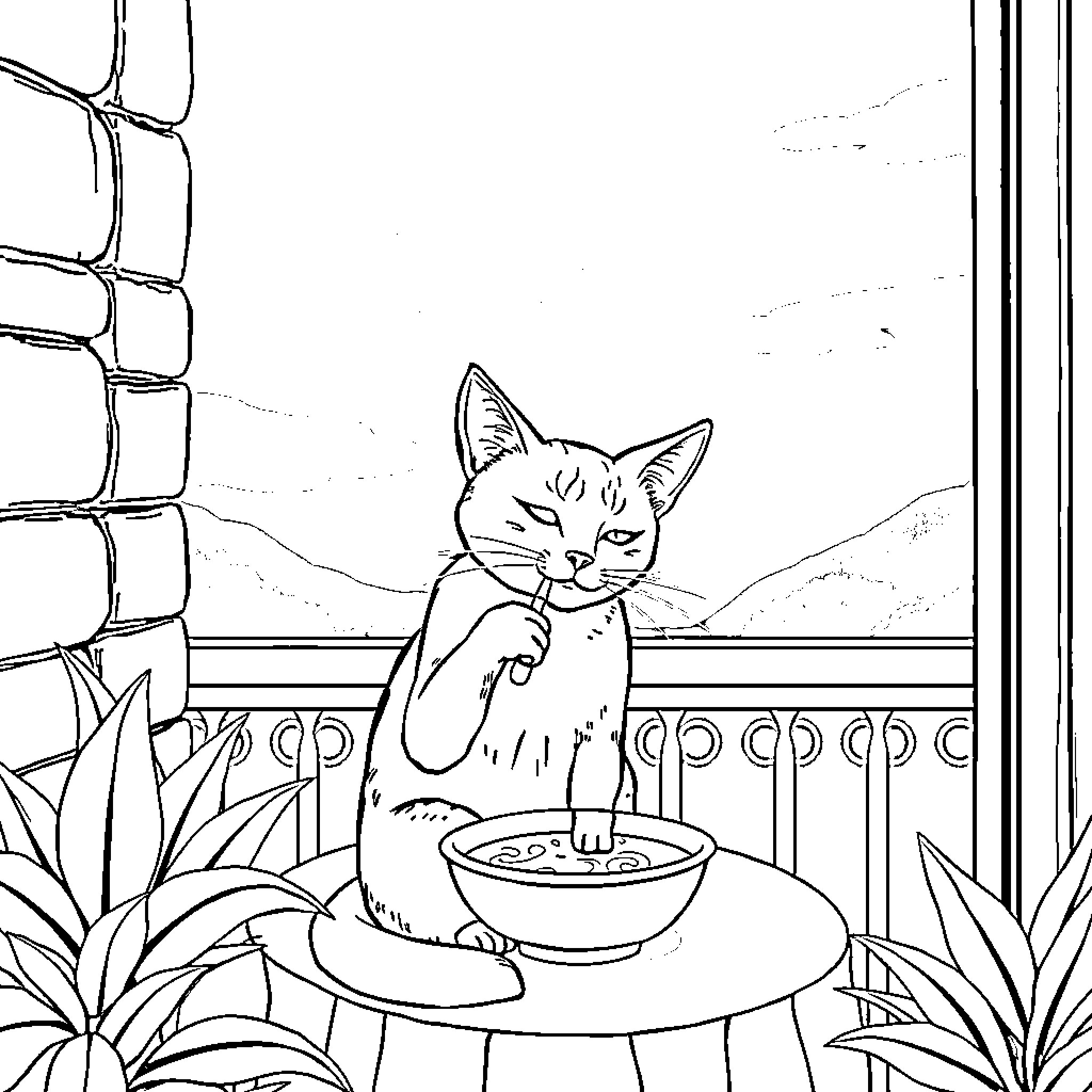 Cat relaxing and eating by the window Coloring Page (free black-and-white line drawing printable PDF for all, from beginners to advanced learners, including children, teens, adults, and seniors)