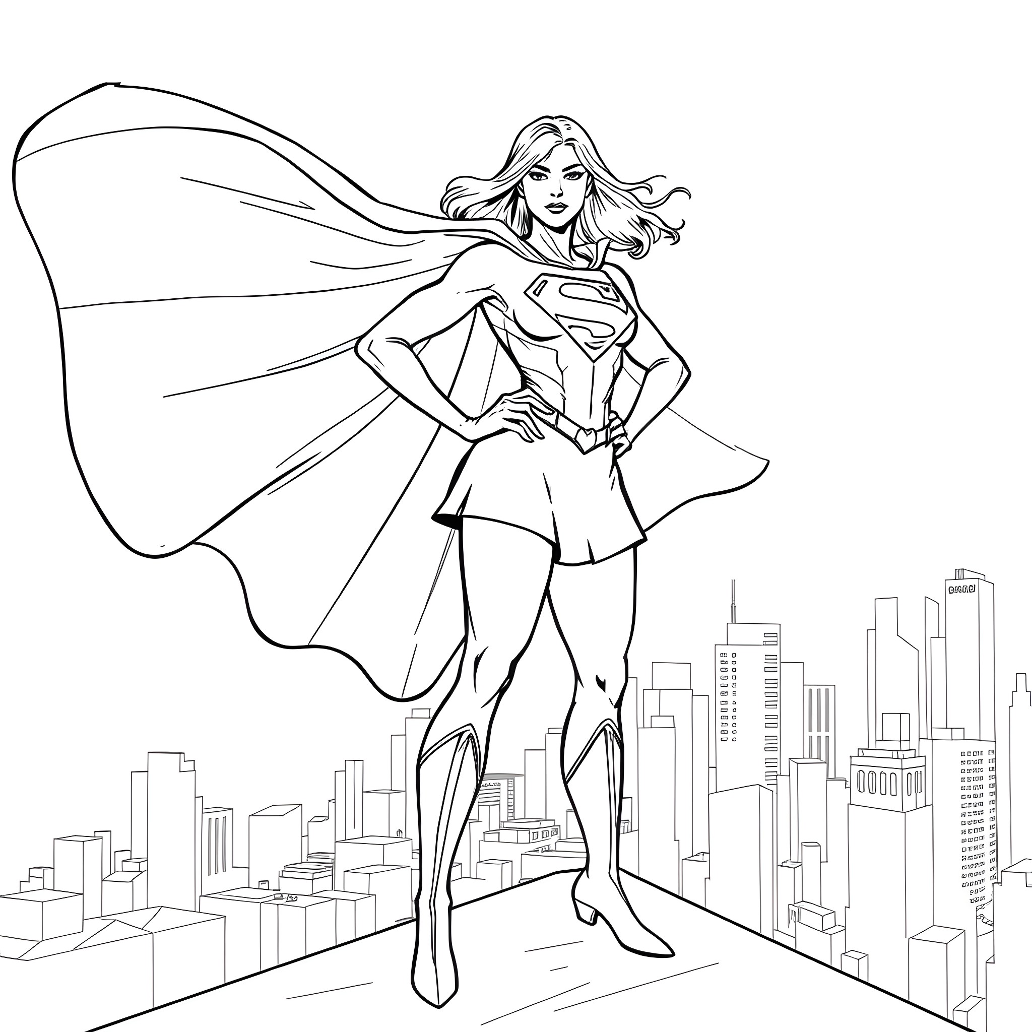 Supergirl standing heroically in the city Coloring Page (free black-and-white line drawing printable PDF for all, from beginners to advanced learners, including children, teens, adults, and seniors)