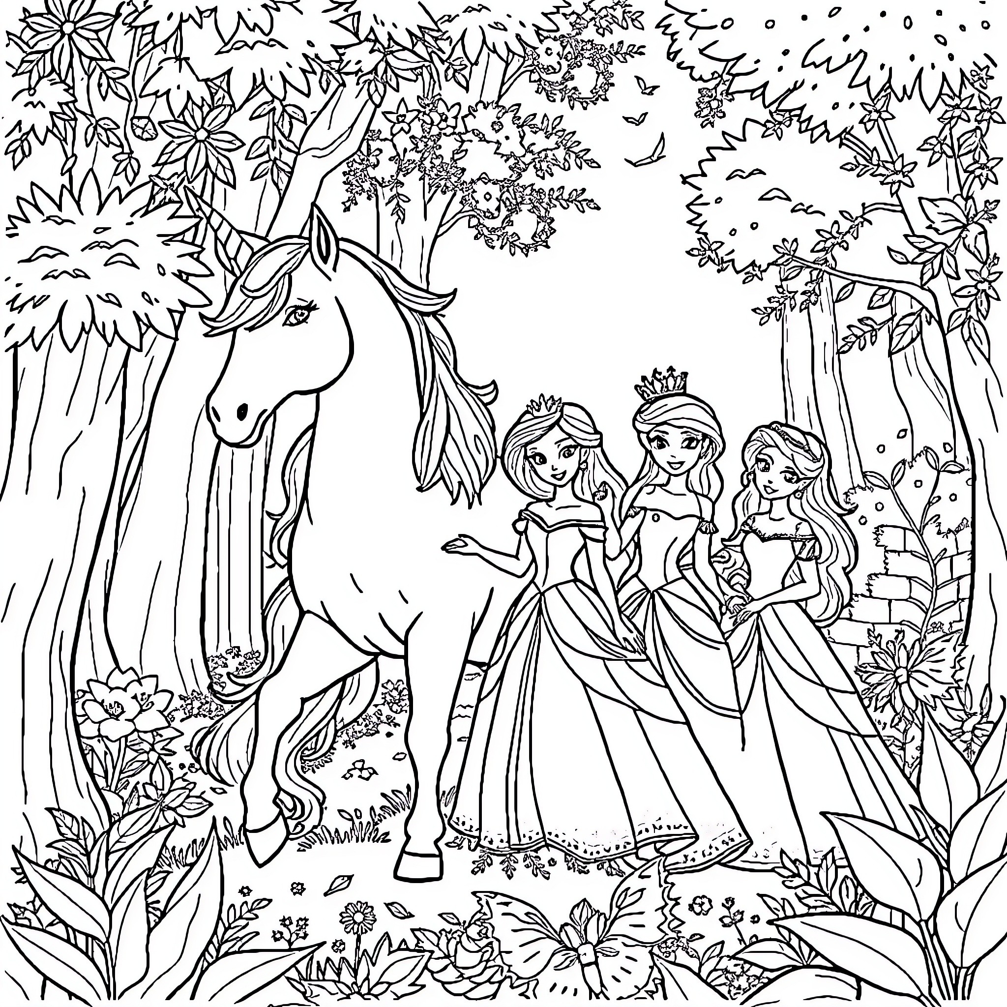 Unicorn and Princesses in Enchanted Forest Coloring Page (free black-and-white line drawing printable PDF for all, from beginners to advanced learners, including children, teens, adults, and seniors)