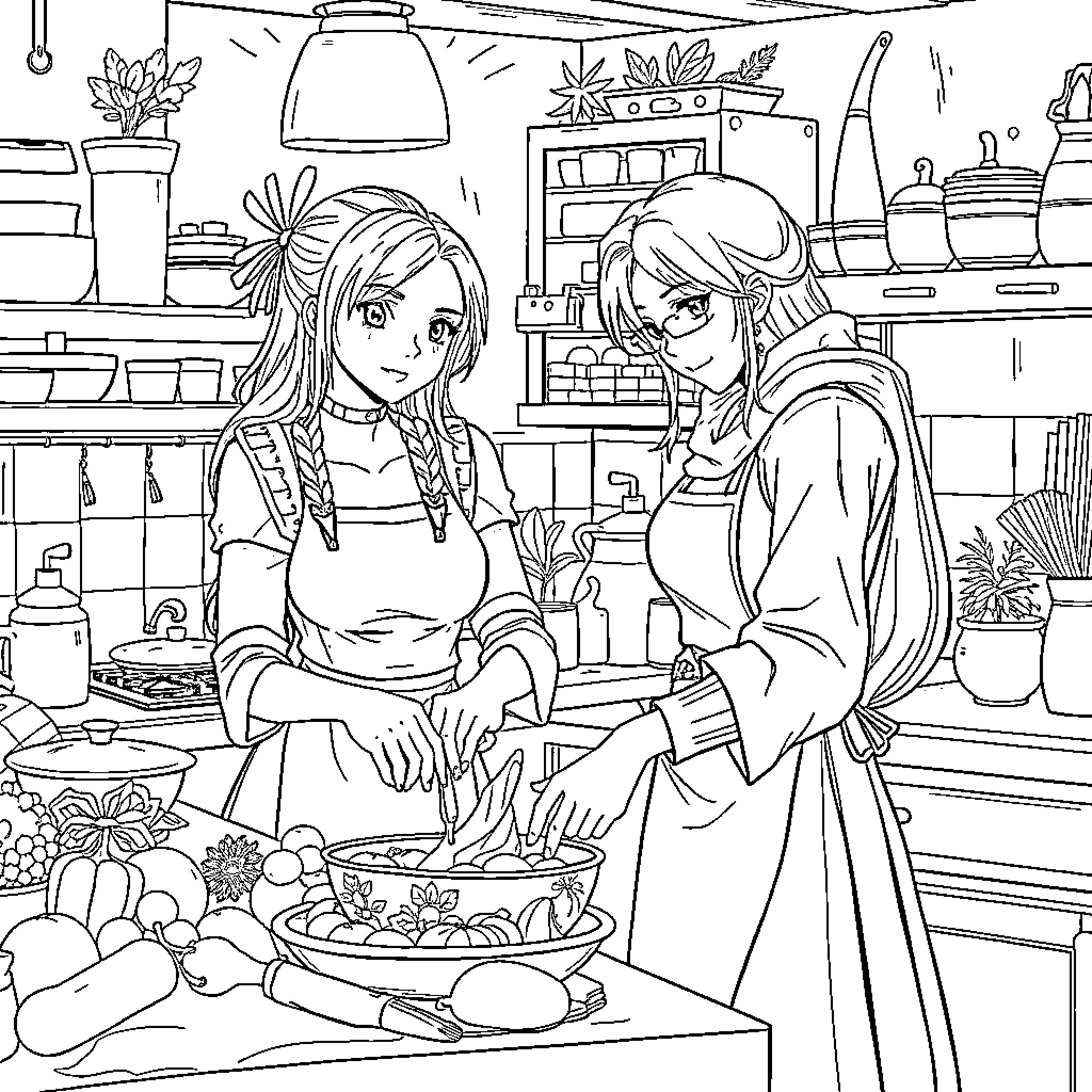 Aeris Cooking with a Friend in the Kitchen Coloring Page (free black-and-white line drawing printable PDF for all, from beginners to advanced learners, including children, teens, adults, and seniors)