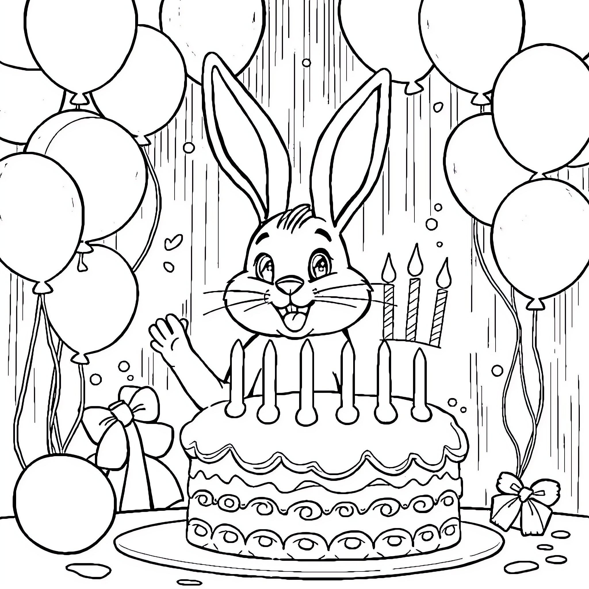 Bunny Celebrating Birthday with Cake and Balloons Coloring Page (free black-and-white line drawing printable PDF for all, from beginners to advanced learners, including children, teens, adults, and seniors)
