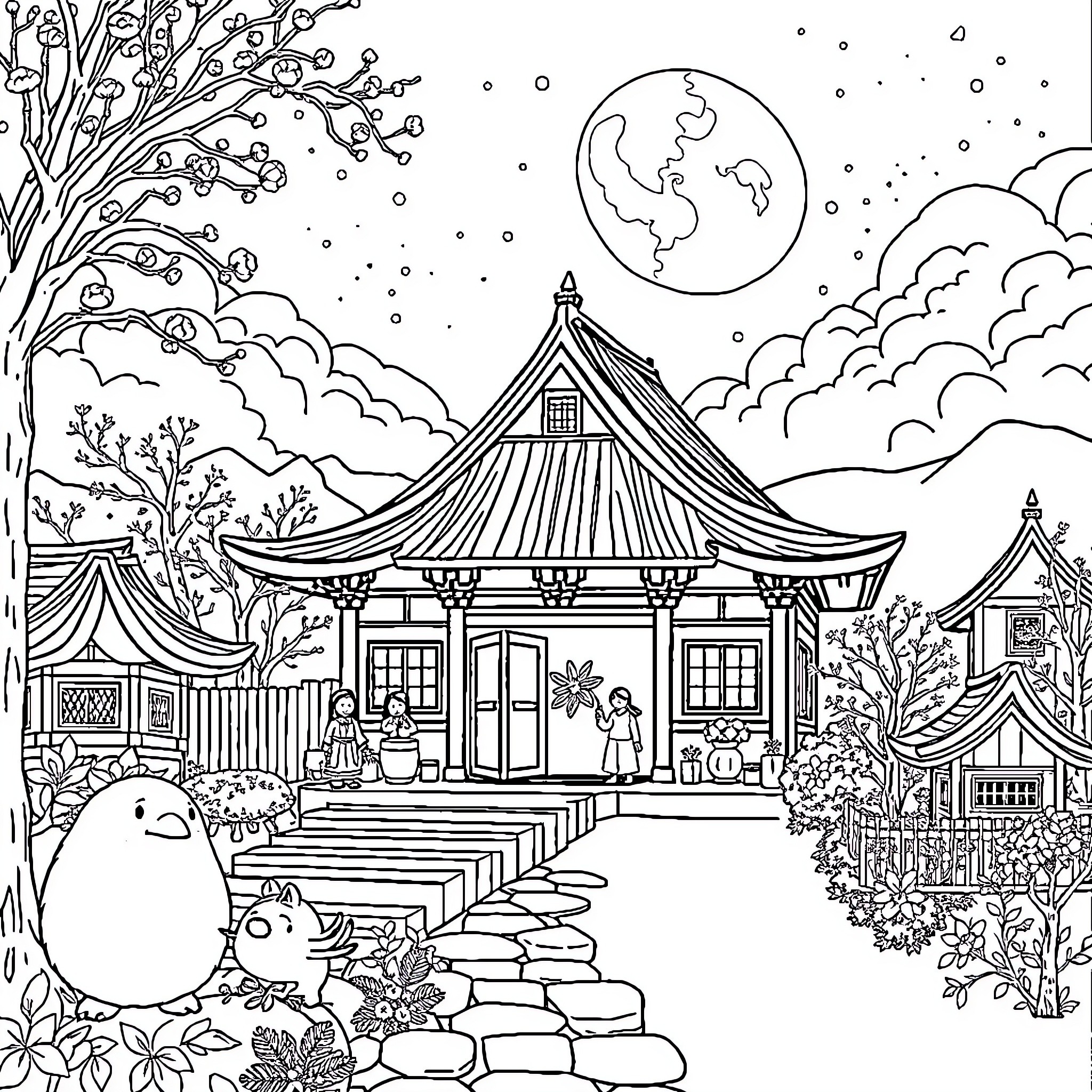 Ghibli-inspired fantasy town under starry night sky Coloring Page (free black-and-white line drawing printable PDF for all, from beginners to advanced learners, including children, teens, adults, and seniors)