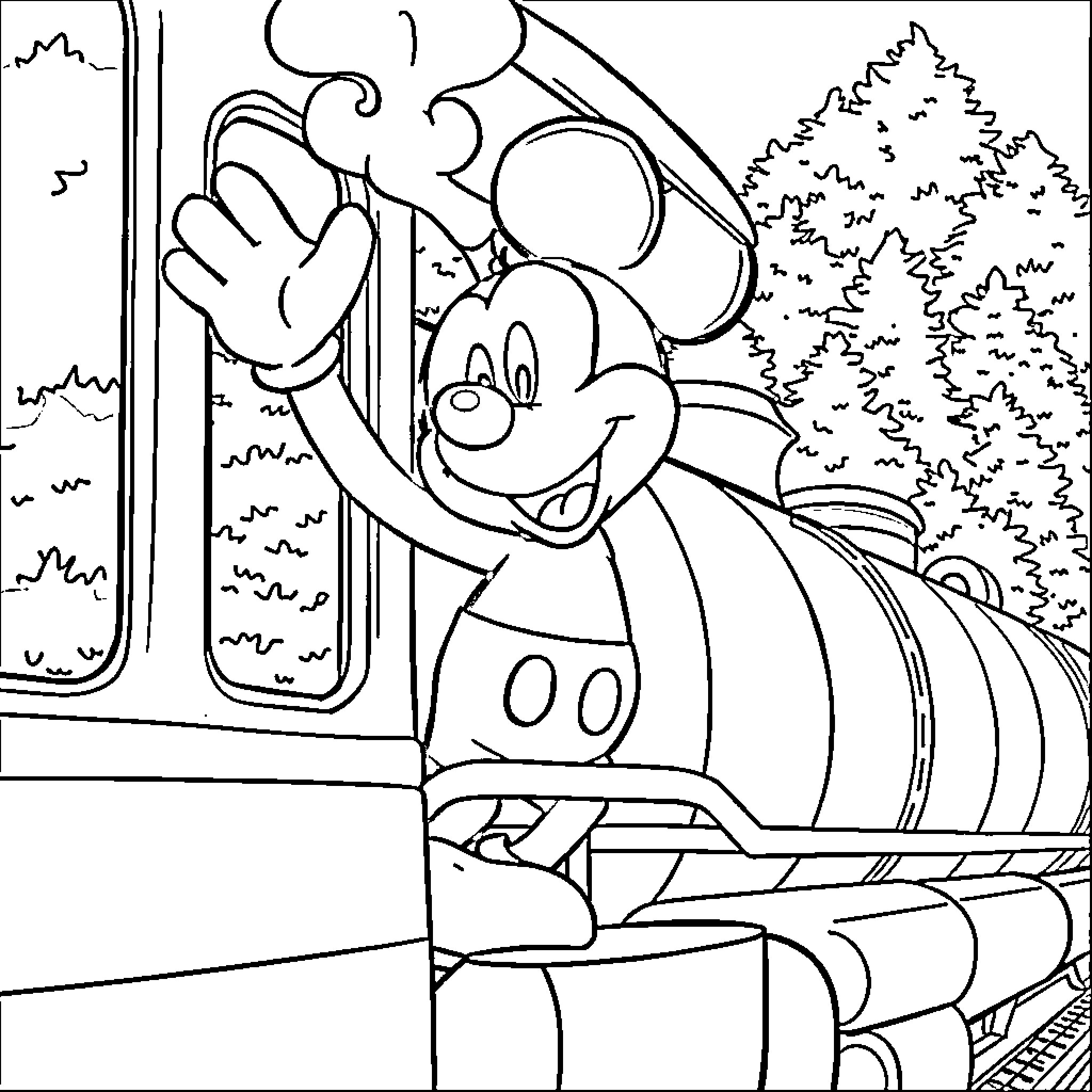 Mickey Mouse waving happily from train window Coloring Page (free black-and-white line drawing printable PDF for all, from beginners to advanced learners, including children, teens, adults, and seniors)