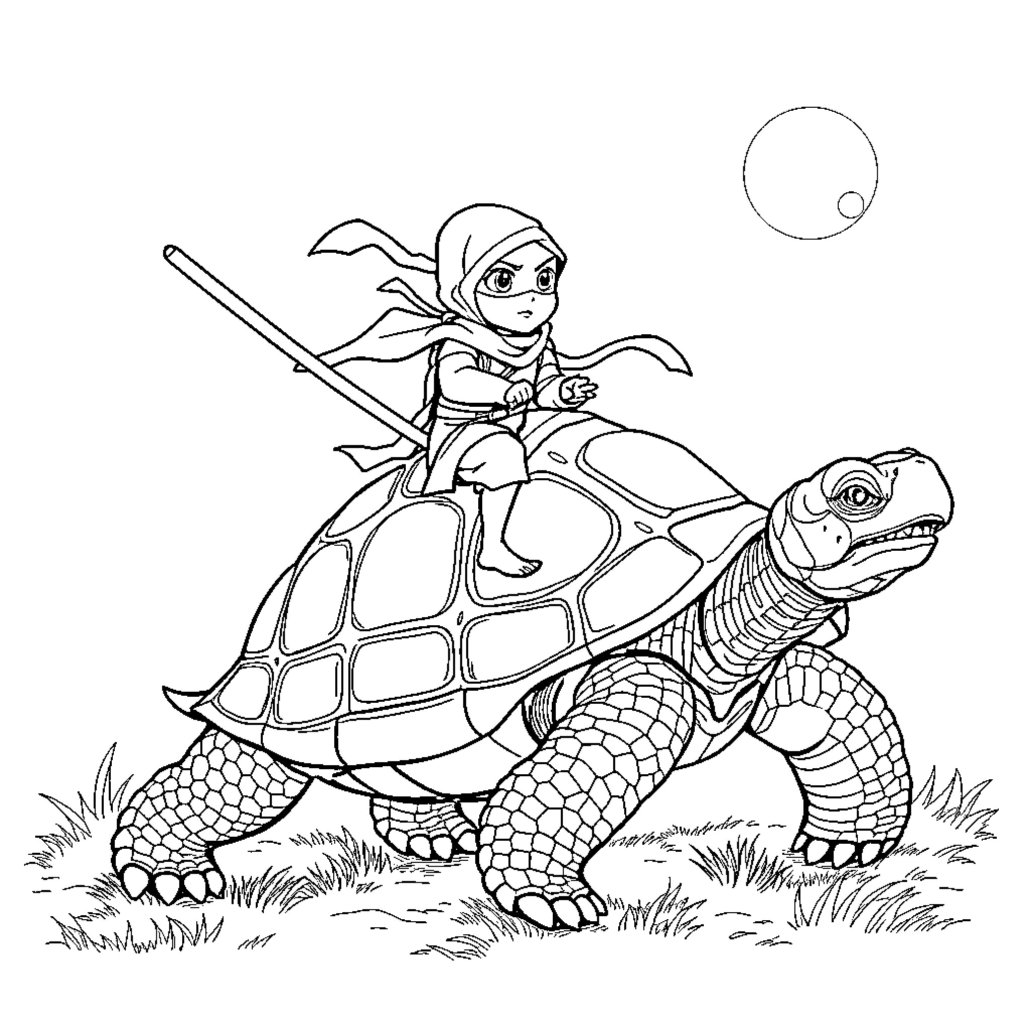 Ninja Kid riding an armored turtle in the moonlight Coloring Page (free black-and-white line drawing printable PDF for all, from beginners to advanced learners, including children, teens, adults, and seniors)